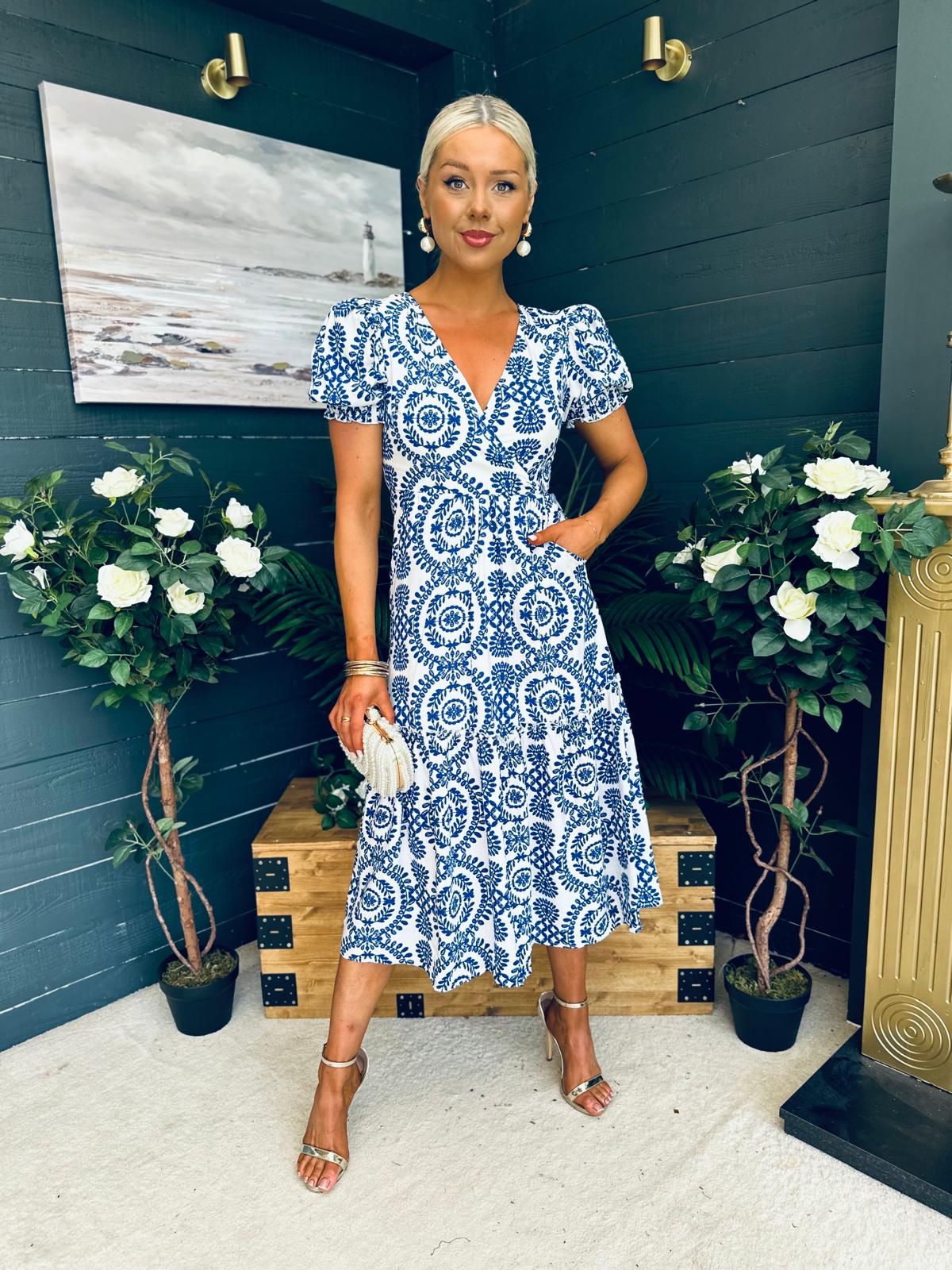 Maya Wrap Tiered Midi Dress Embroidery Print Blue