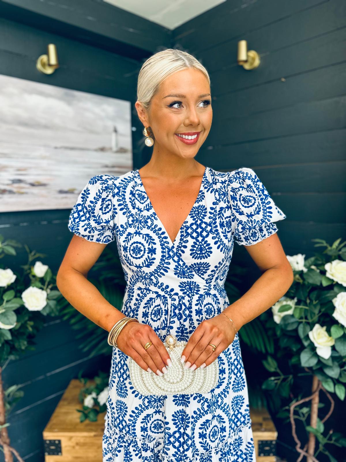 Maya Wrap Tiered Midi Dress Embroidery Print Blue