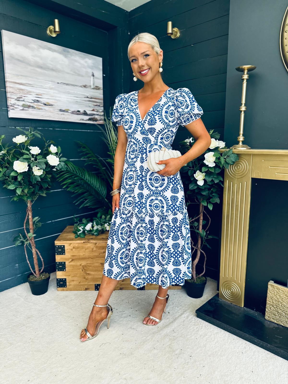 Maya Wrap Tiered Midi Dress Embroidery Print Blue