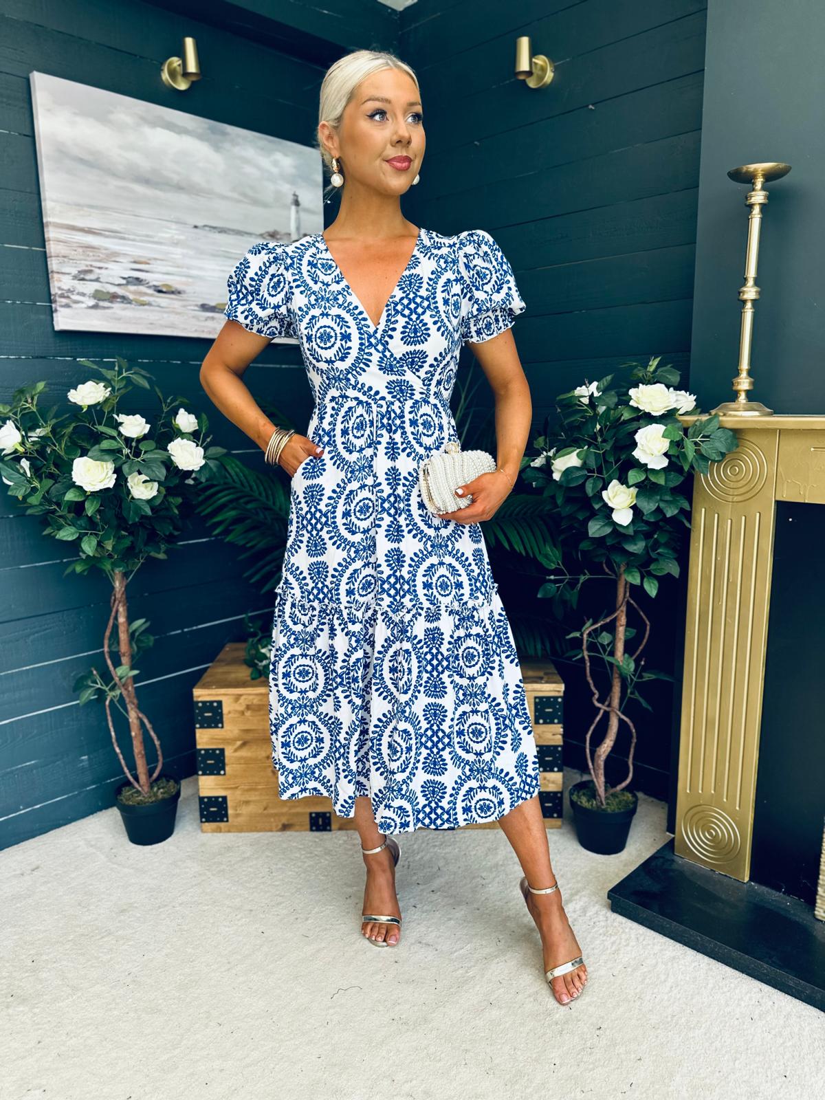 Maya Wrap Tiered Midi Dress Embroidery Print Blue