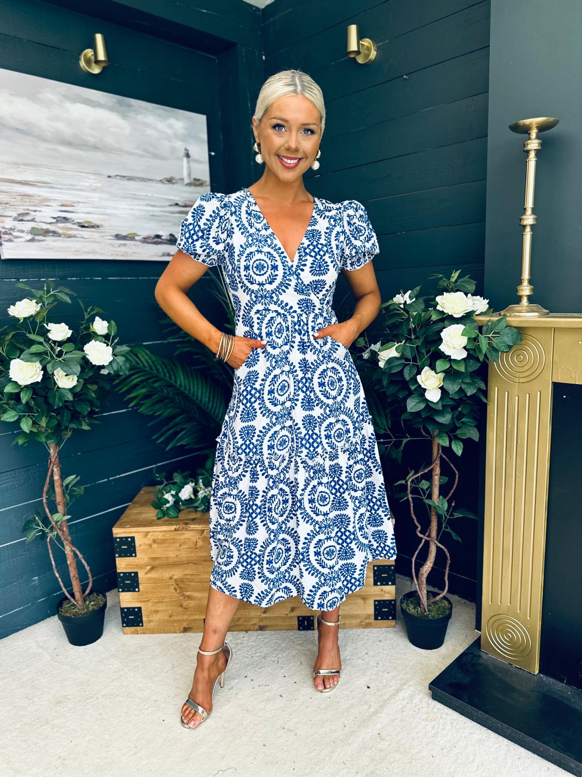 Maya Wrap Tiered Midi Dress Embroidery Print Blue