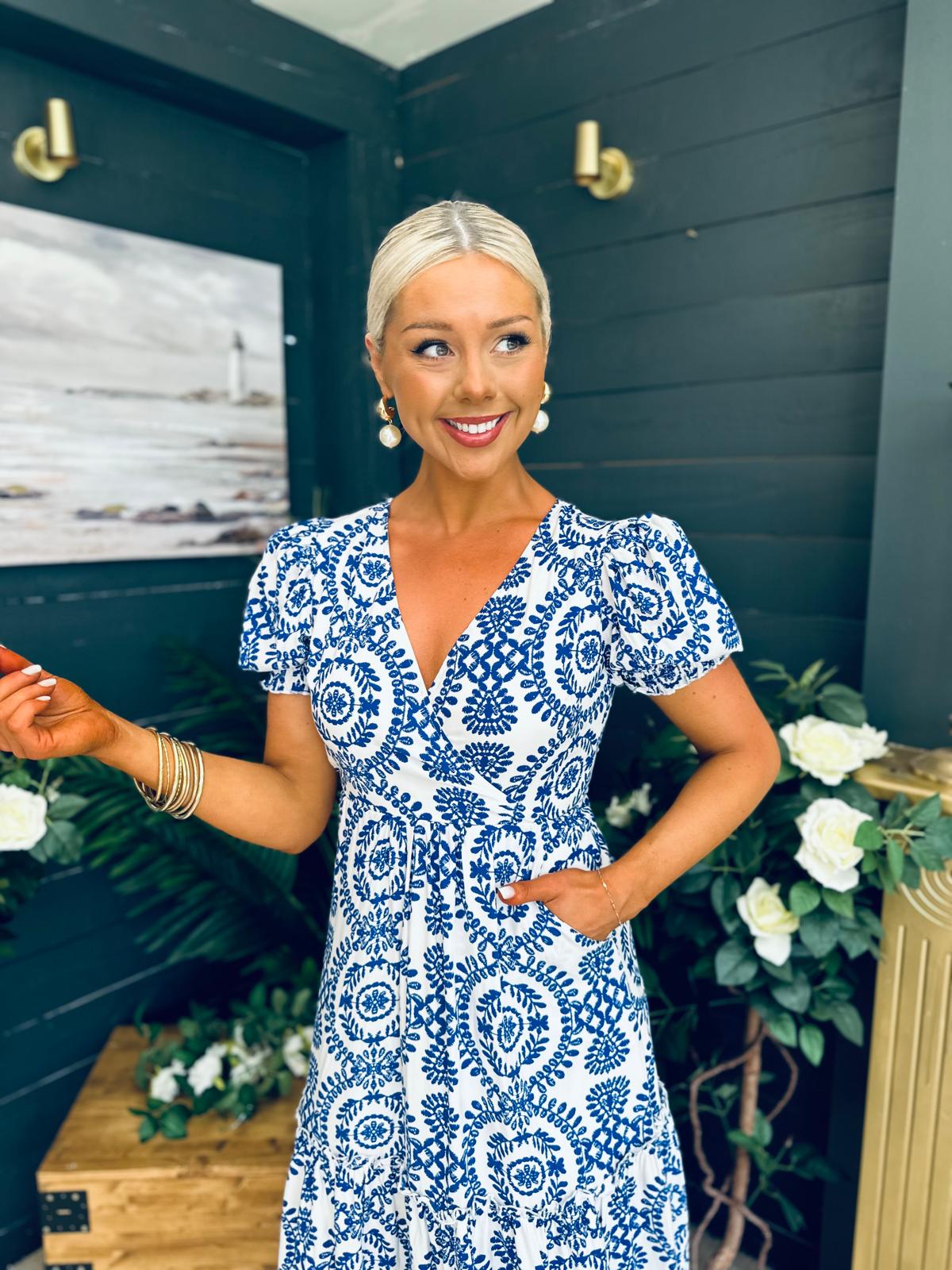 Maya Wrap Tiered Midi Dress Embroidery Print Blue