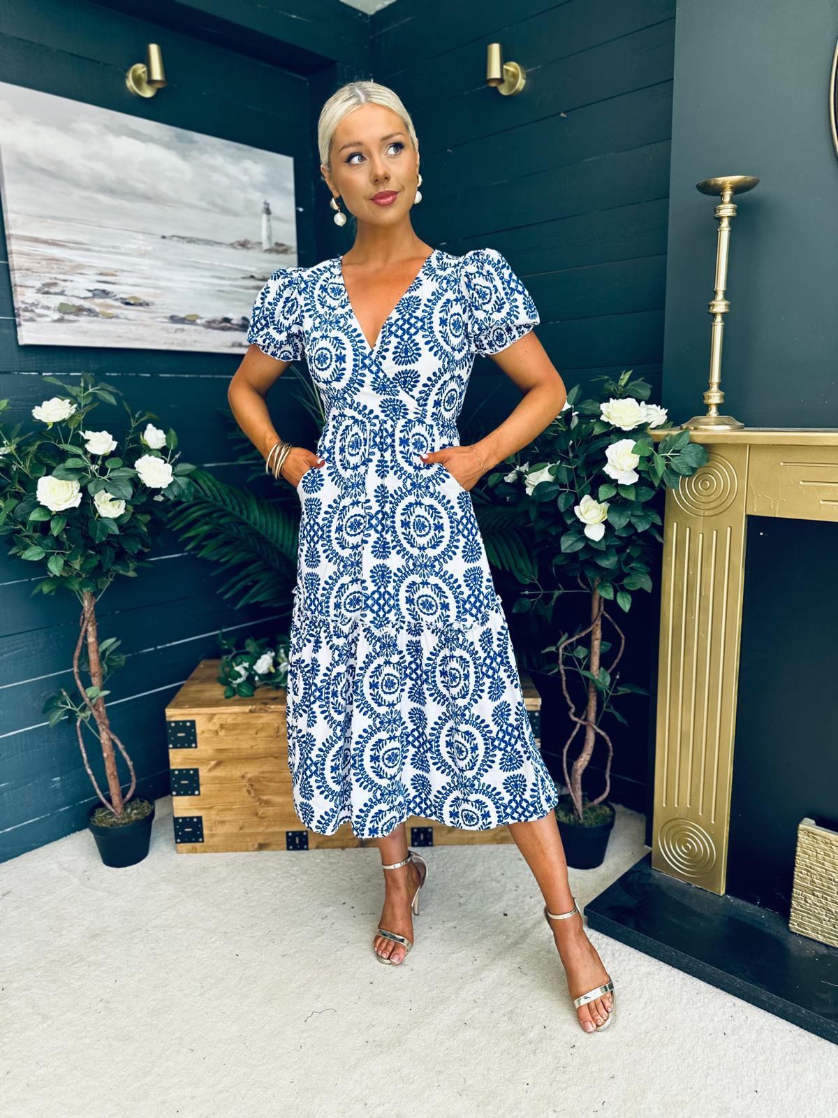 Maya Wrap Tiered Midi Dress Embroidery Print Blue