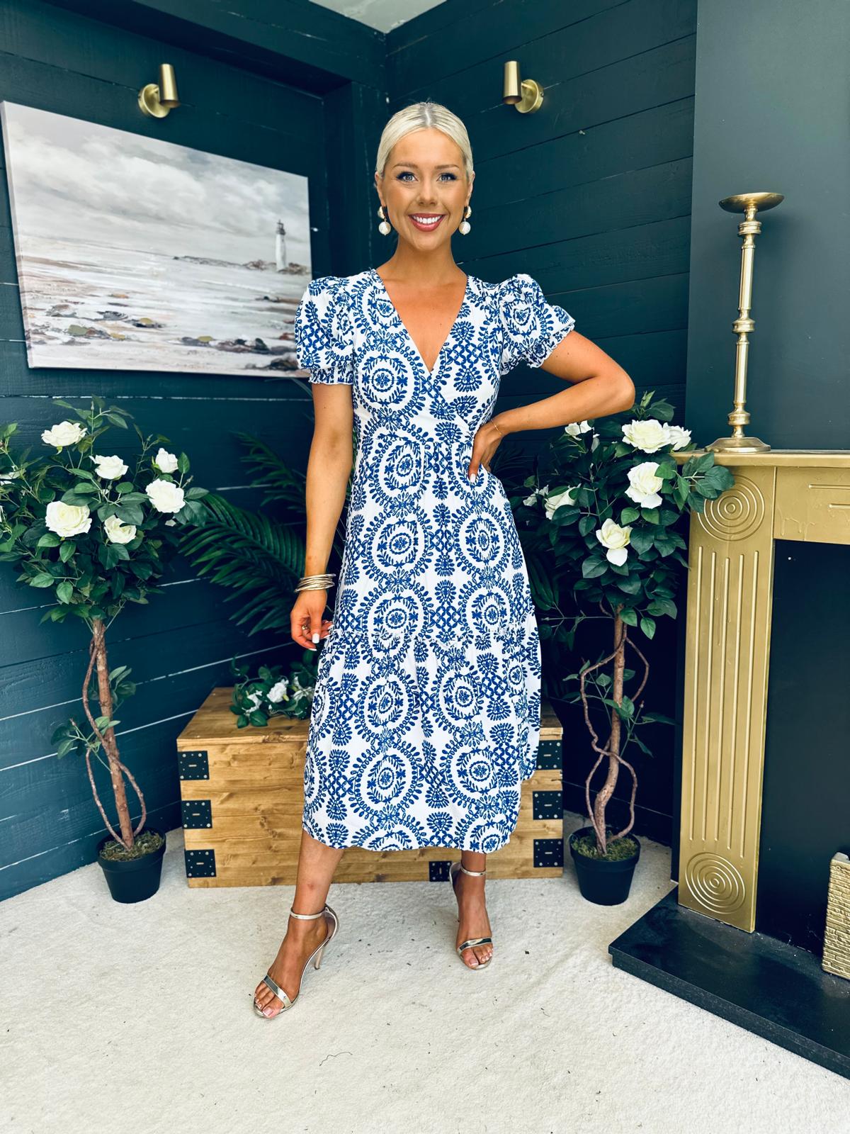 Maya Wrap Tiered Midi Dress Embroidery Print Blue