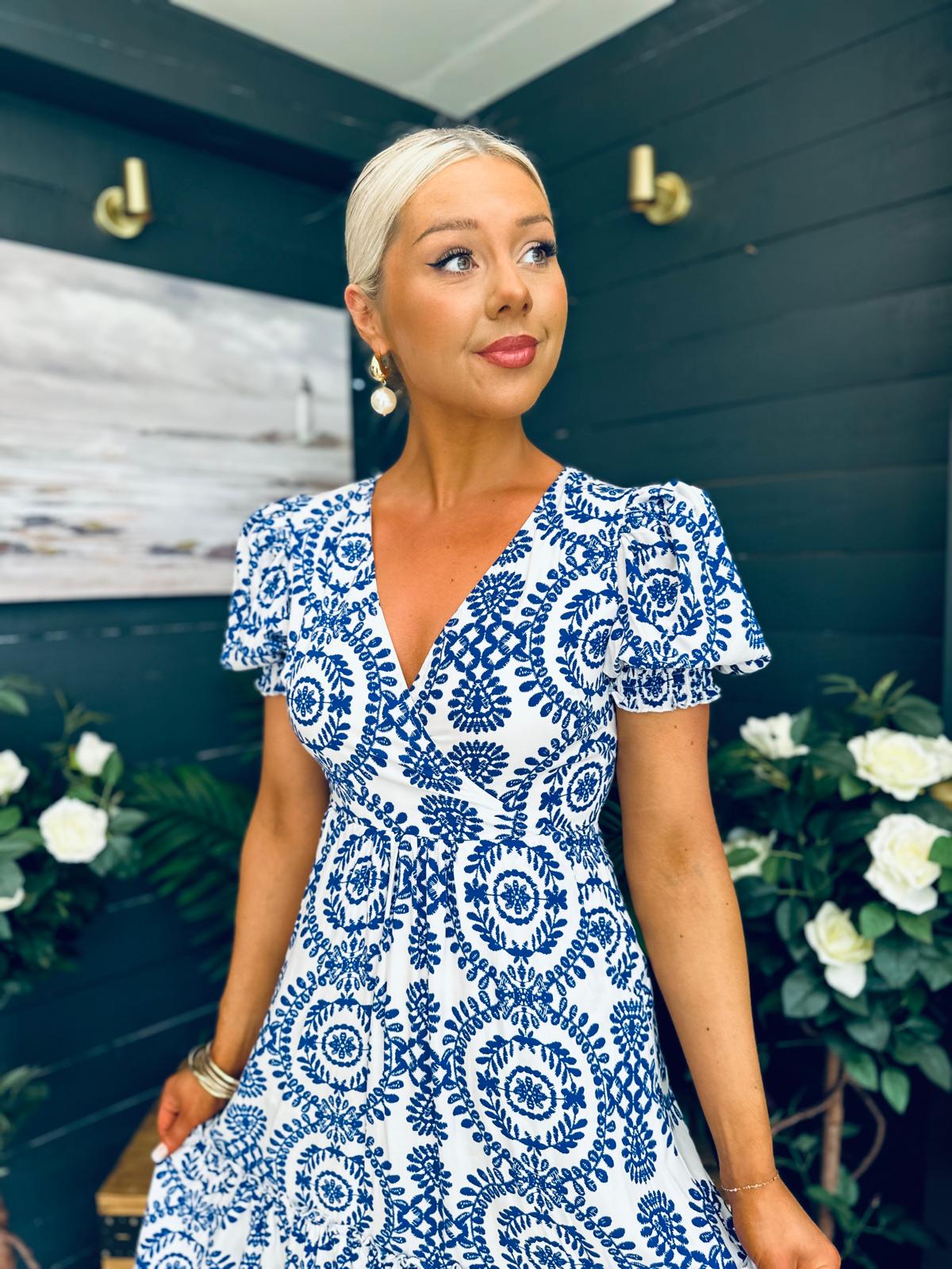 Maya Wrap Tiered Midi Dress Embroidery Print Blue