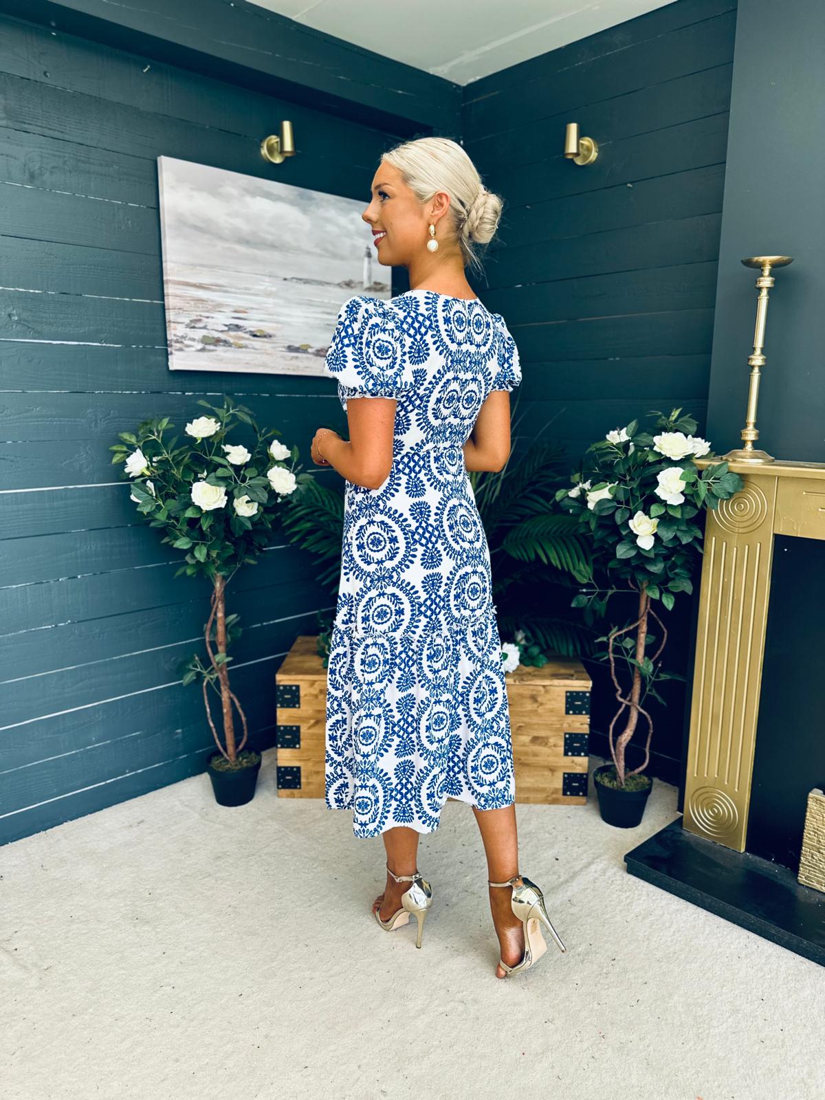 Maya Wrap Tiered Midi Dress Embroidery Print Blue