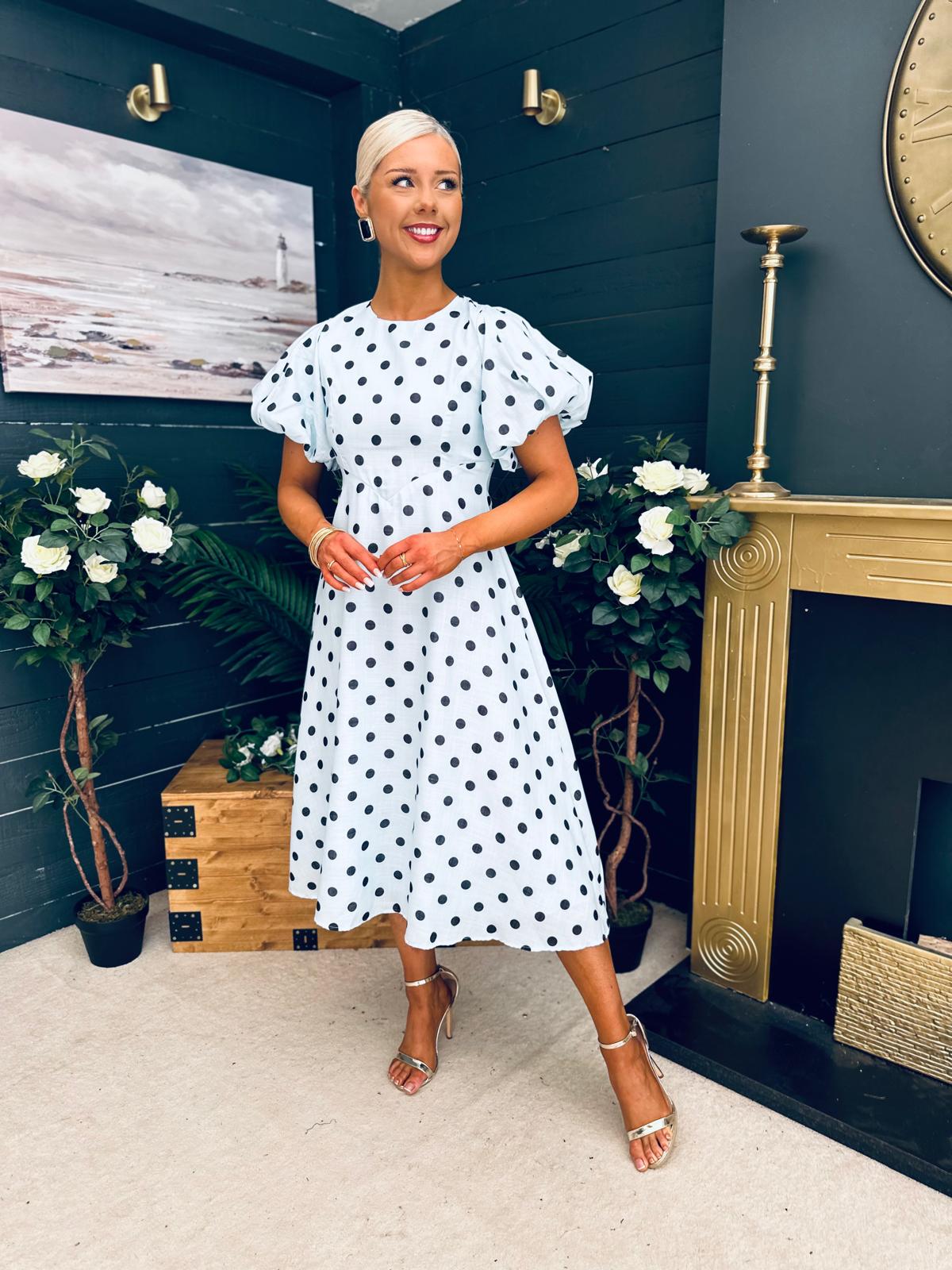 Millie Round Neck Puff Sleeve Midi Dress Pwr Blue