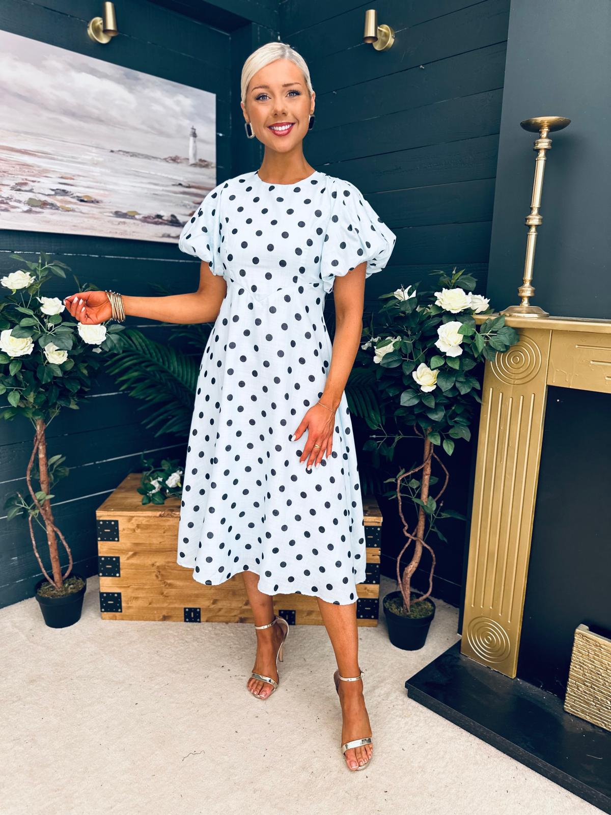 Millie Round Neck Puff Sleeve Midi Dress Pwr Blue