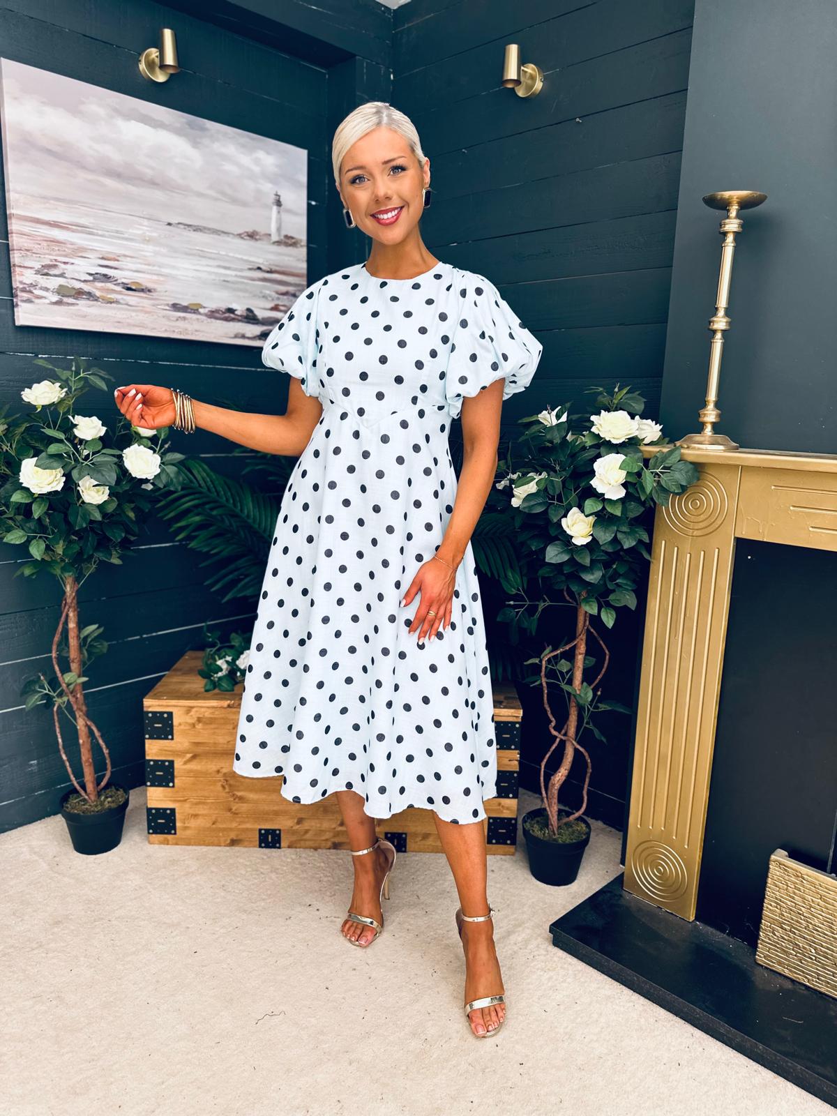 Millie Round Neck Puff Sleeve Midi Dress Pwr Blue