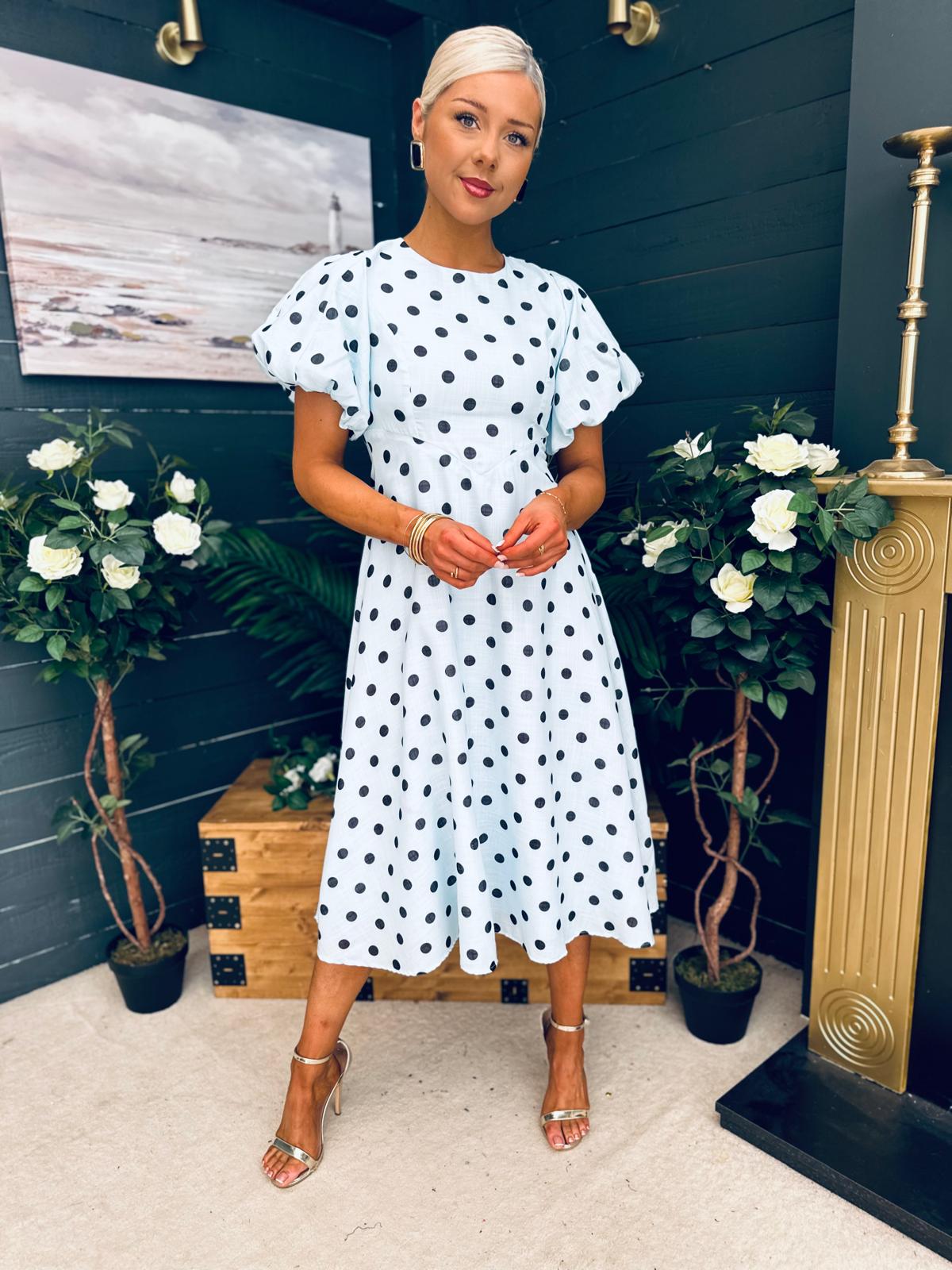 Millie Round Neck Puff Sleeve Midi Dress Pwr Blue