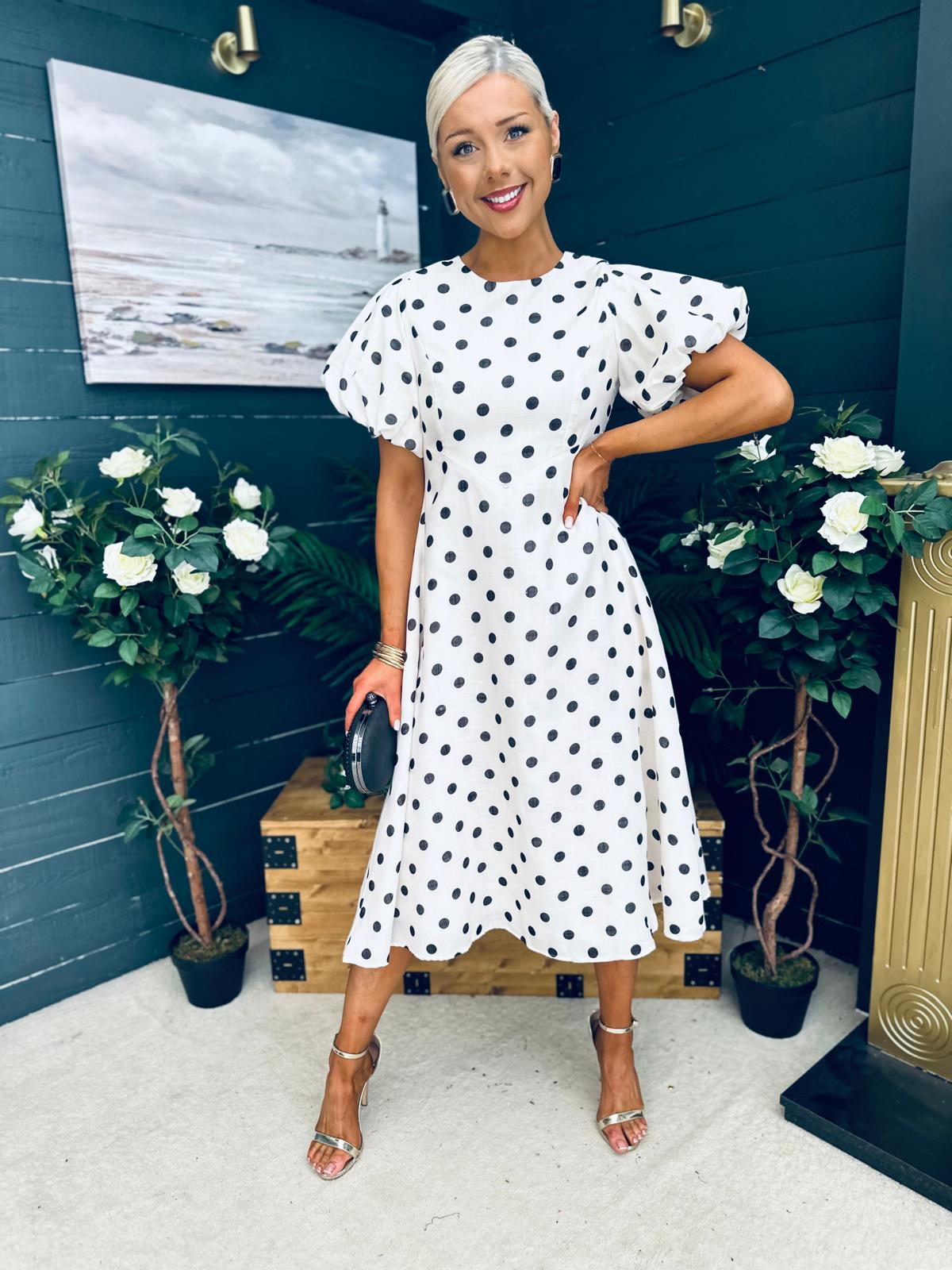 Millie Round Neck Puff Sleeve Midi Dress Cream