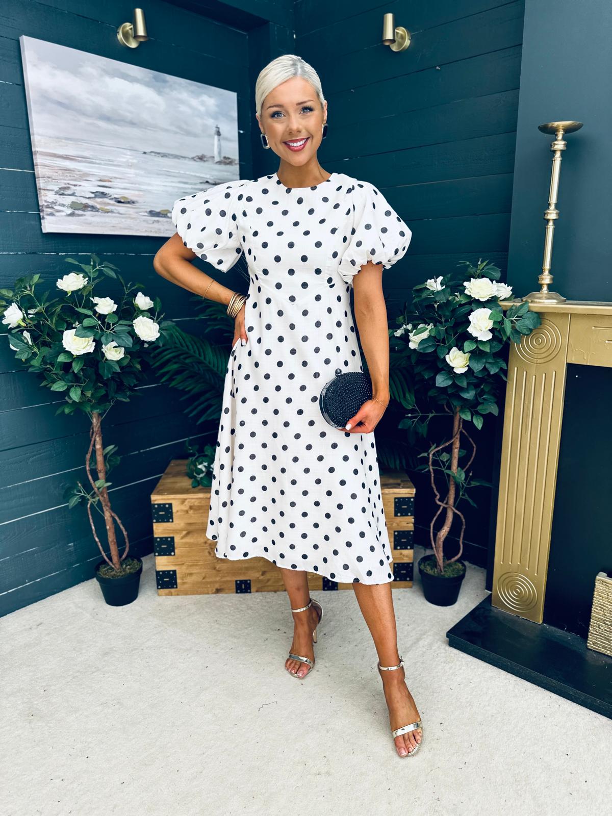 Millie Round Neck Puff Sleeve Midi Dress Cream