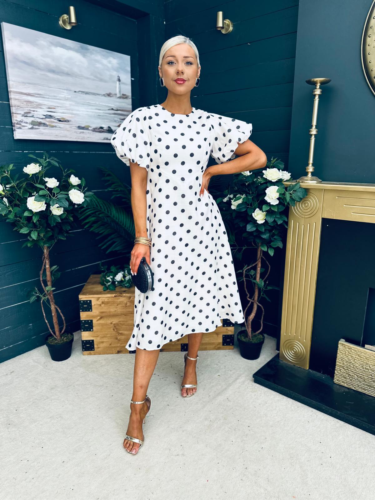 Millie Round Neck Puff Sleeve Midi Dress Cream