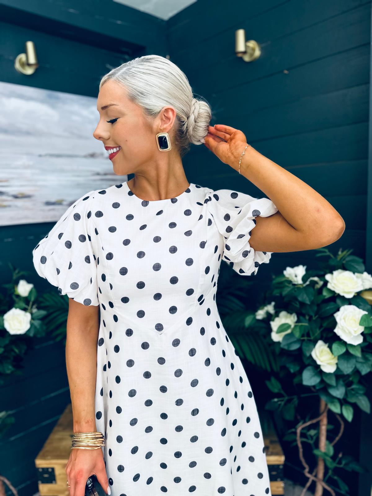 Millie Round Neck Puff Sleeve Midi Dress Cream