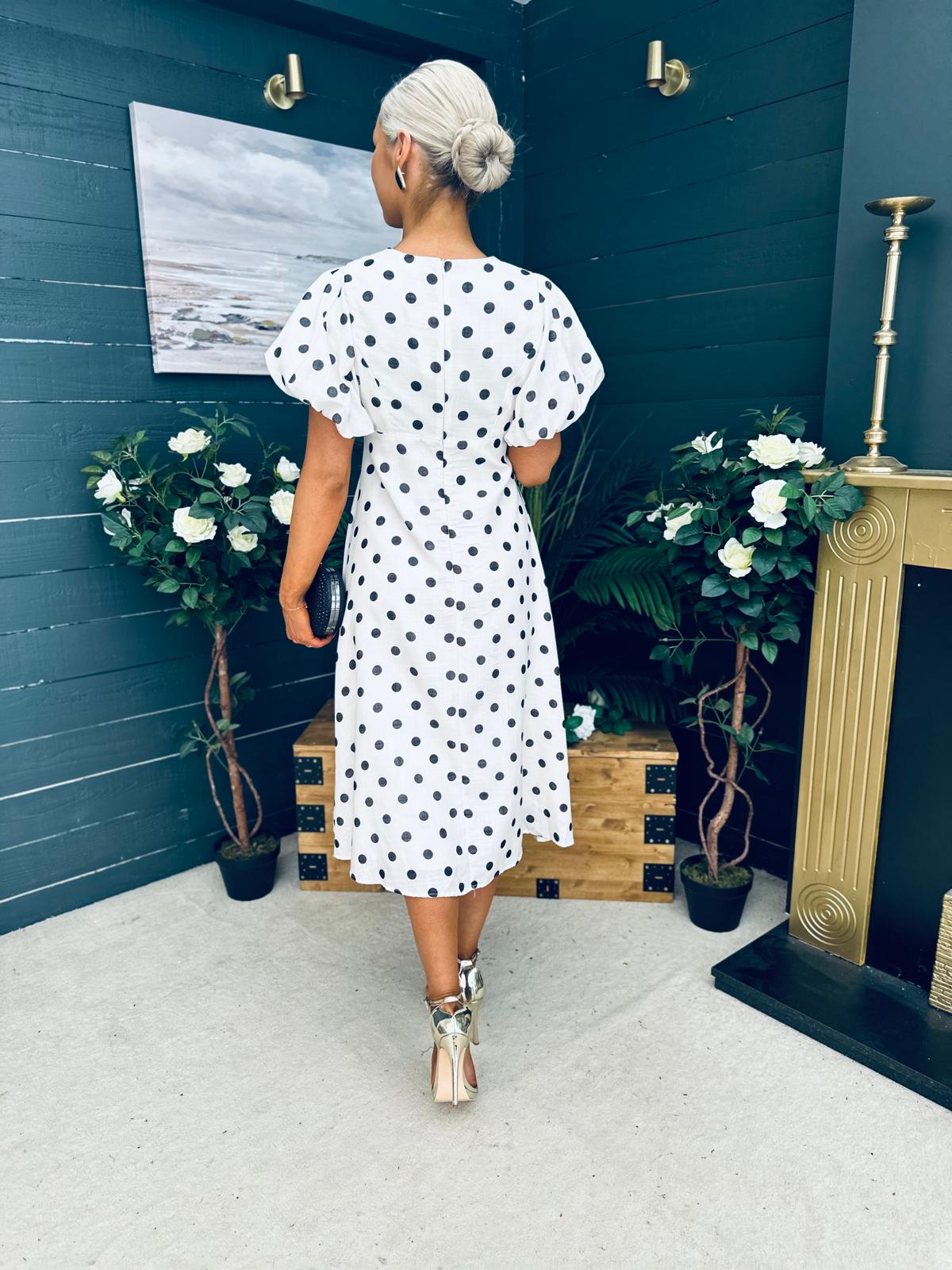 Millie Round Neck Puff Sleeve Midi Dress Cream