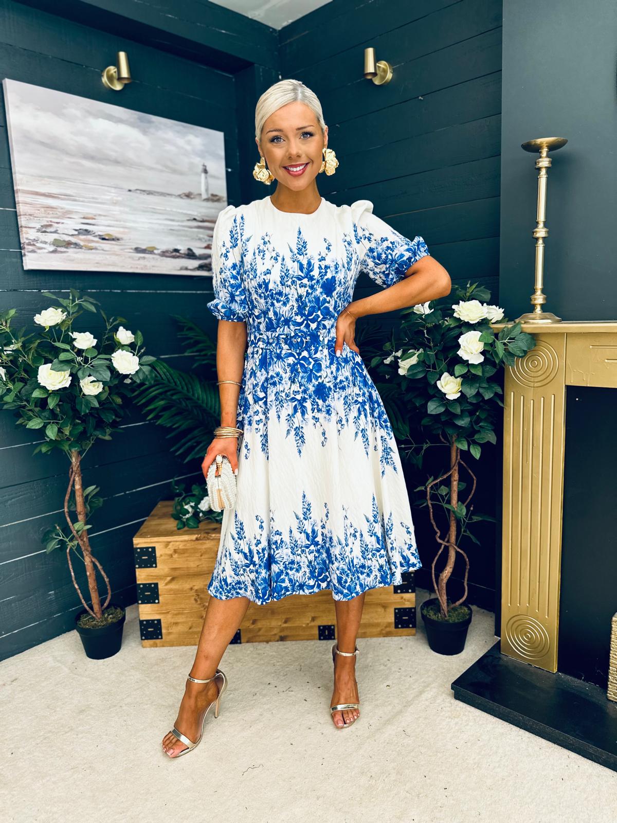 Foster Round Neck Puff Sleeve Midi Dress Blue