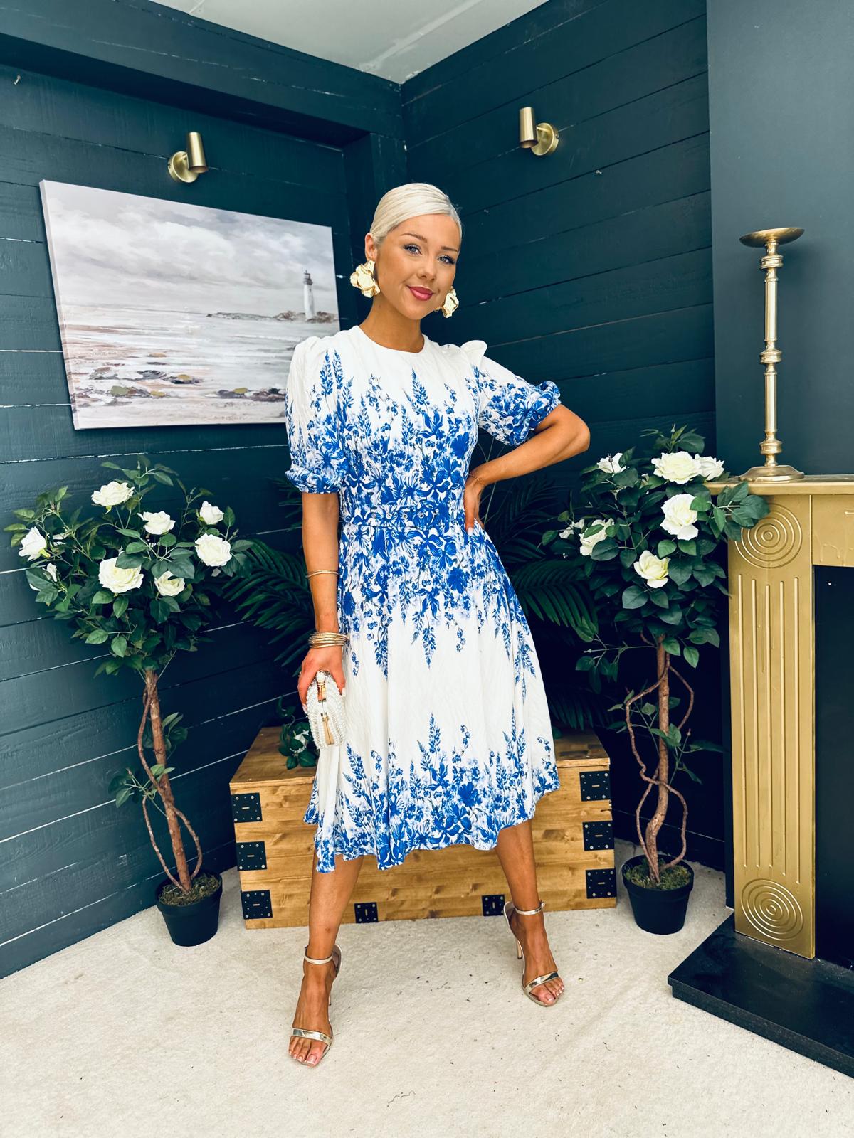 Foster Round Neck Puff Sleeve Midi Dress Blue