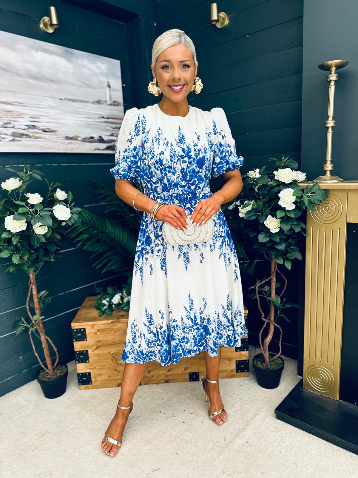 Foster Round Neck Puff Sleeve Midi Dress Blue