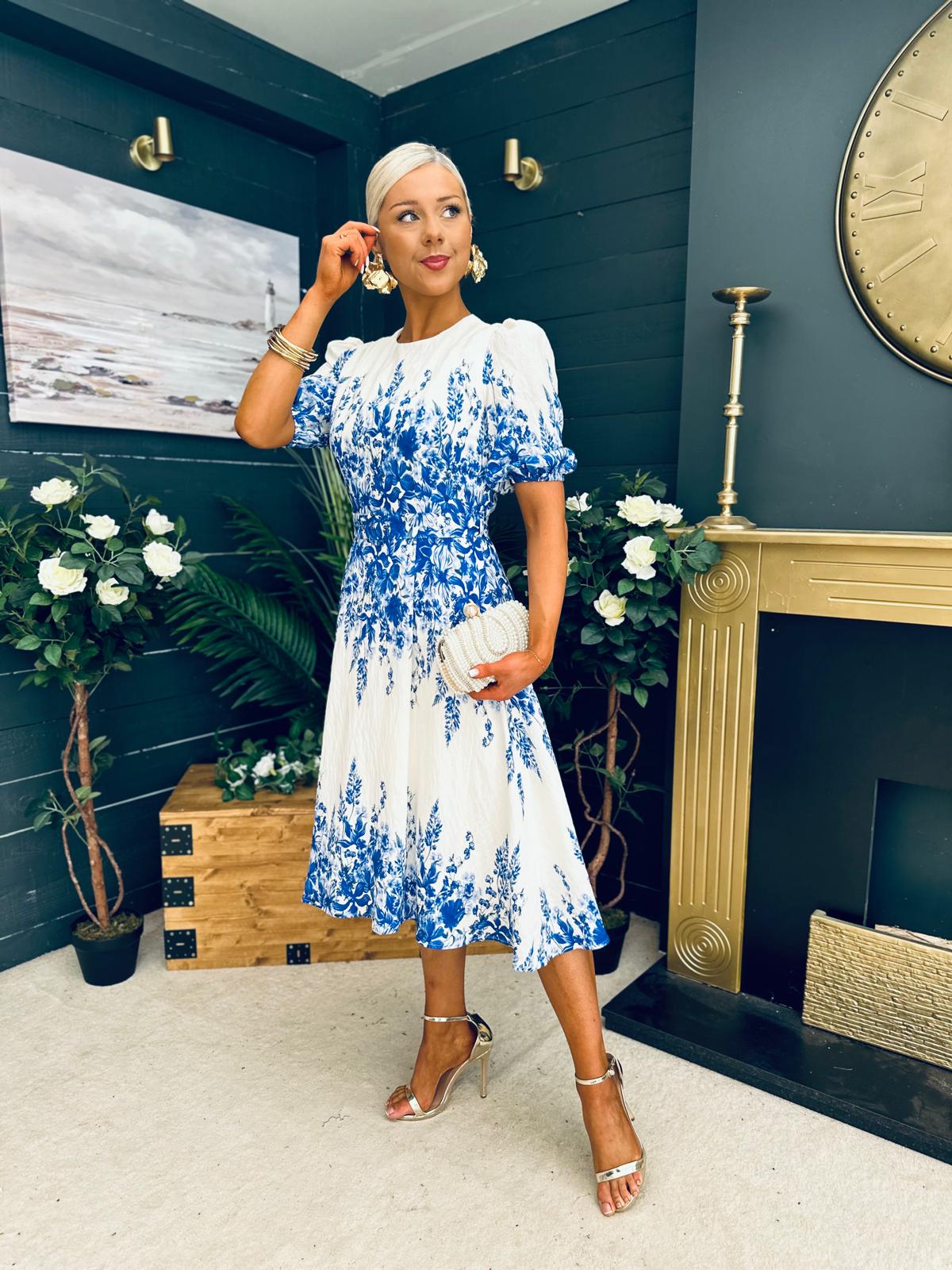 Foster Round Neck Puff Sleeve Midi Dress Blue