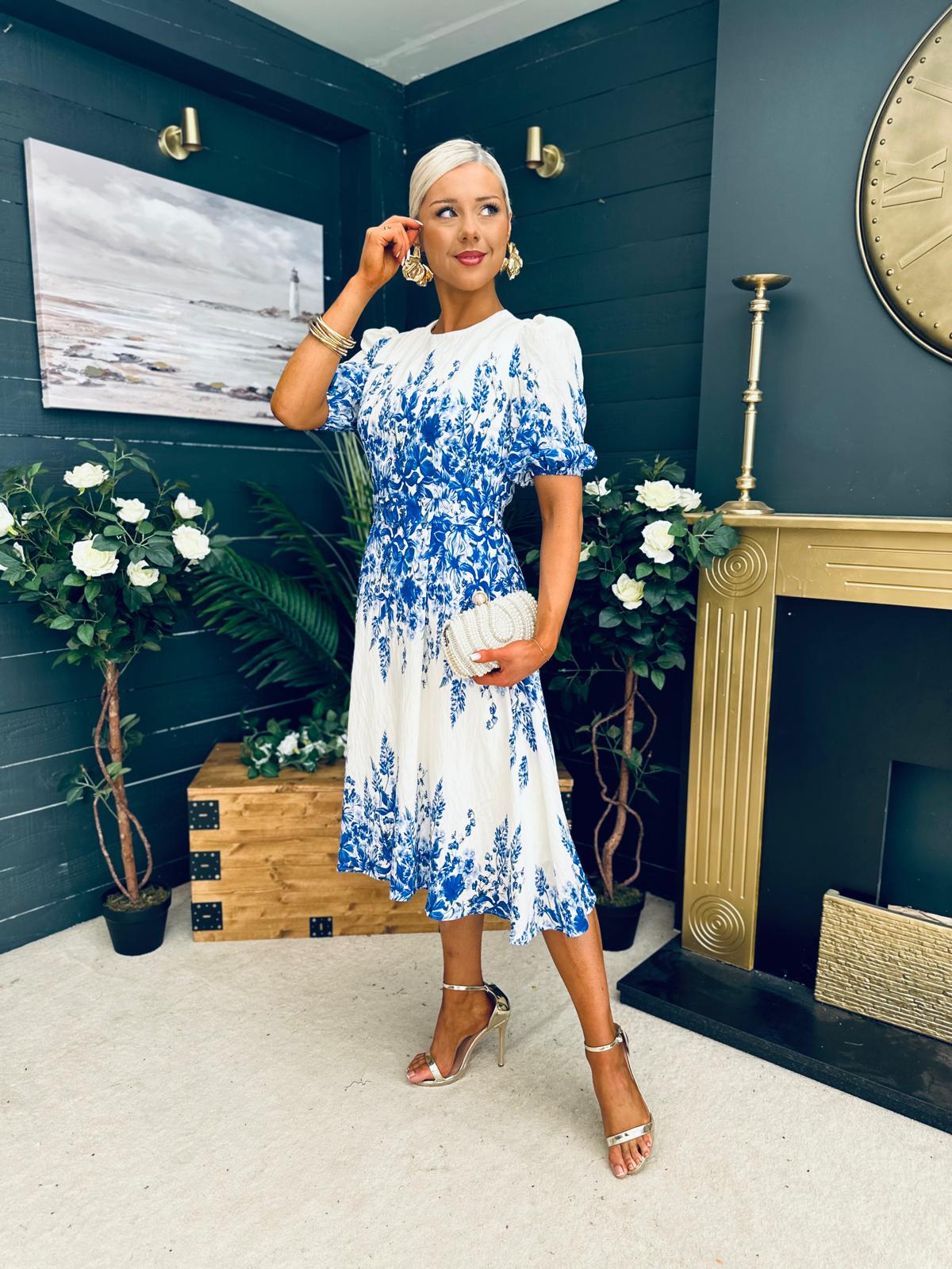 Foster Round Neck Puff Sleeve Midi Dress Blue