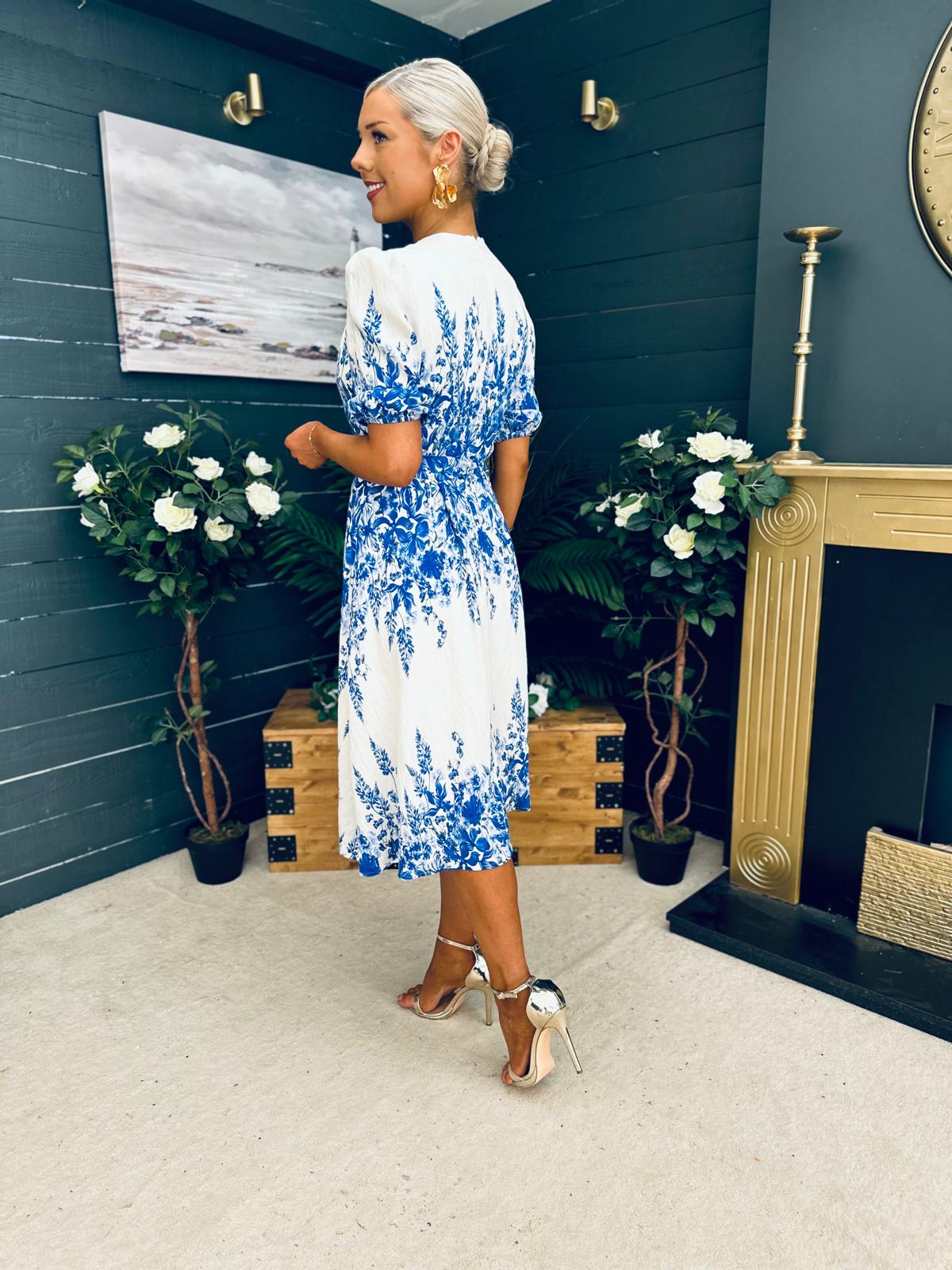 Foster Round Neck Puff Sleeve Midi Dress Blue
