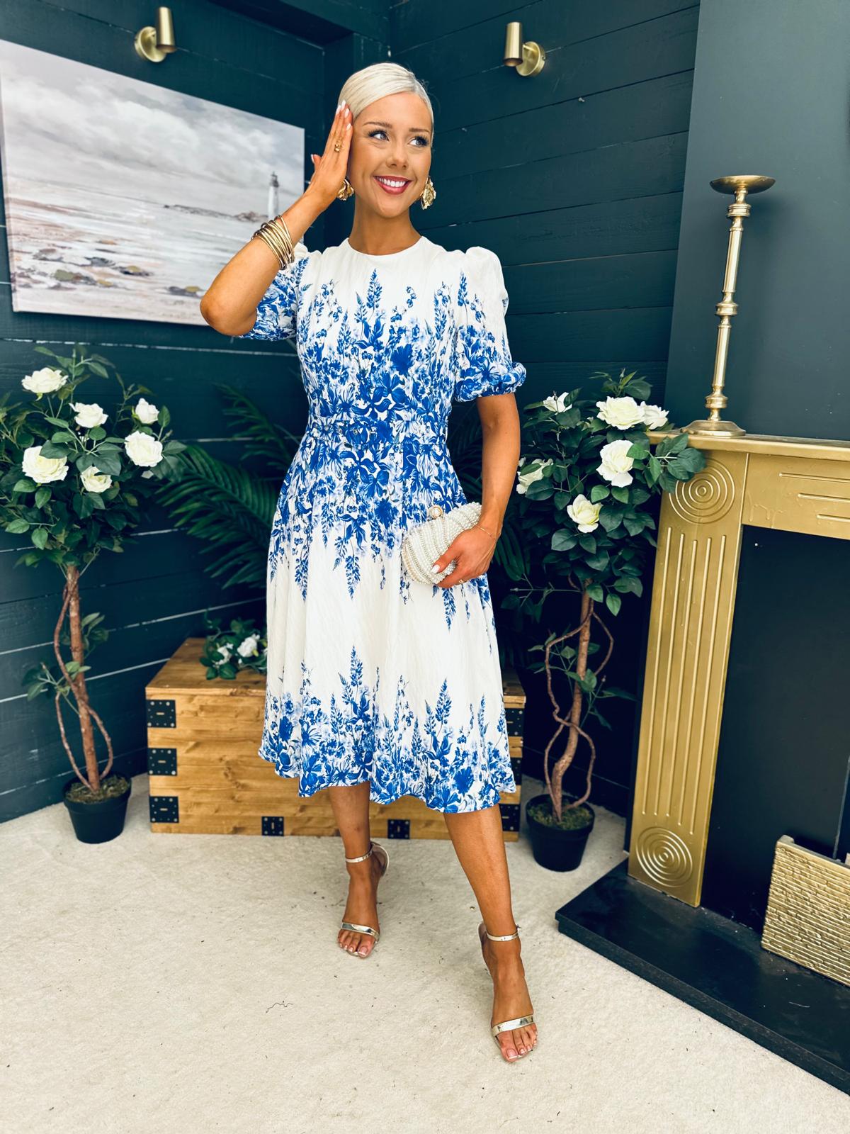 Foster Round Neck Puff Sleeve Midi Dress Blue