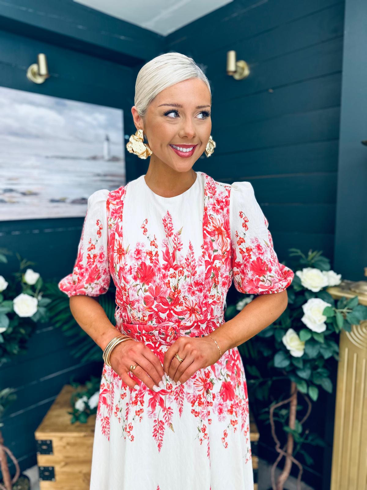 Foster Round Neck Puff Sleeve Midi Dress Pink
