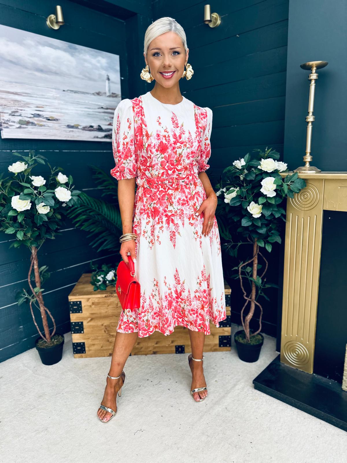 Foster Round Neck Puff Sleeve Midi Dress Pink