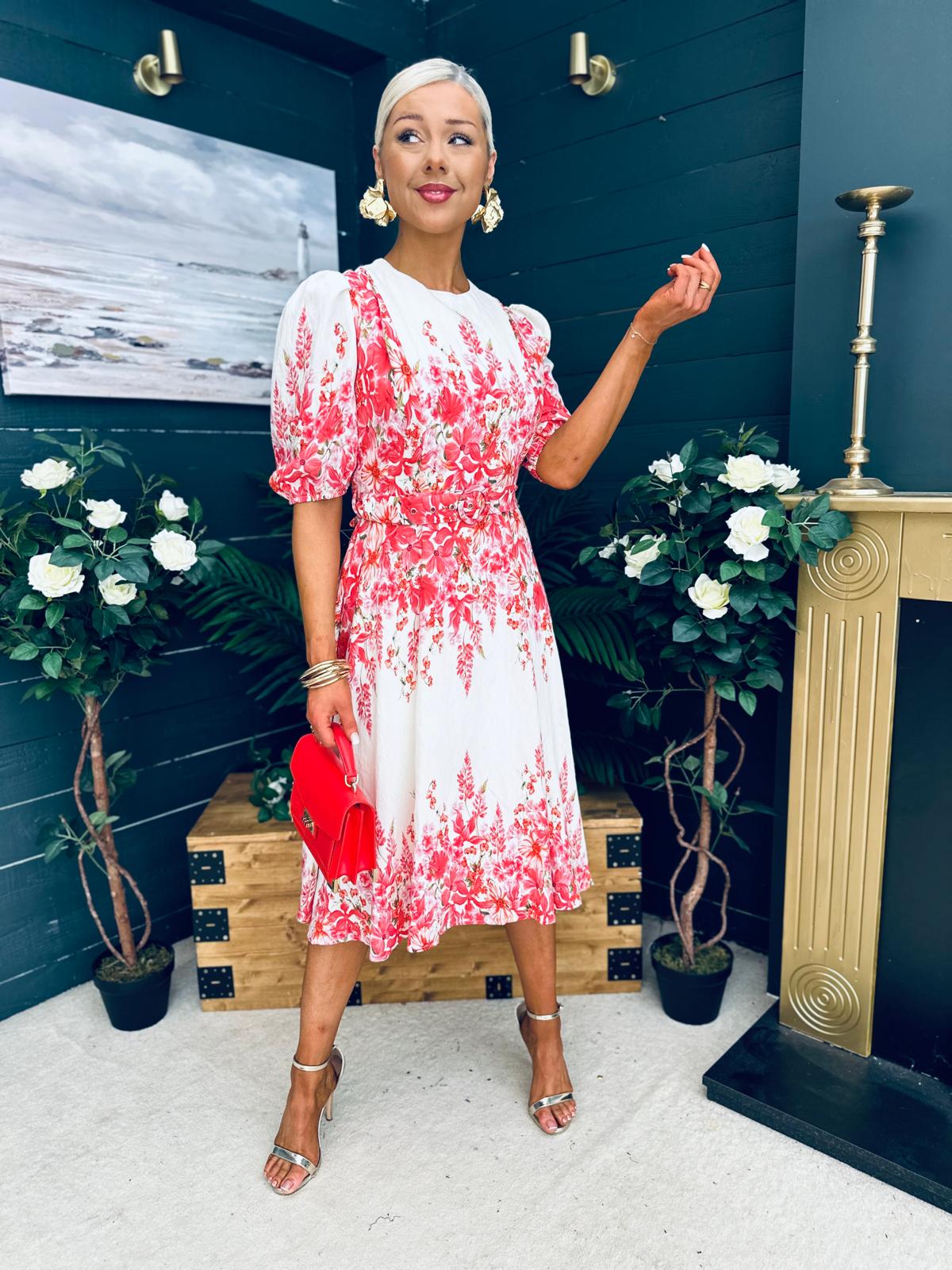 Foster Round Neck Puff Sleeve Midi Dress Pink