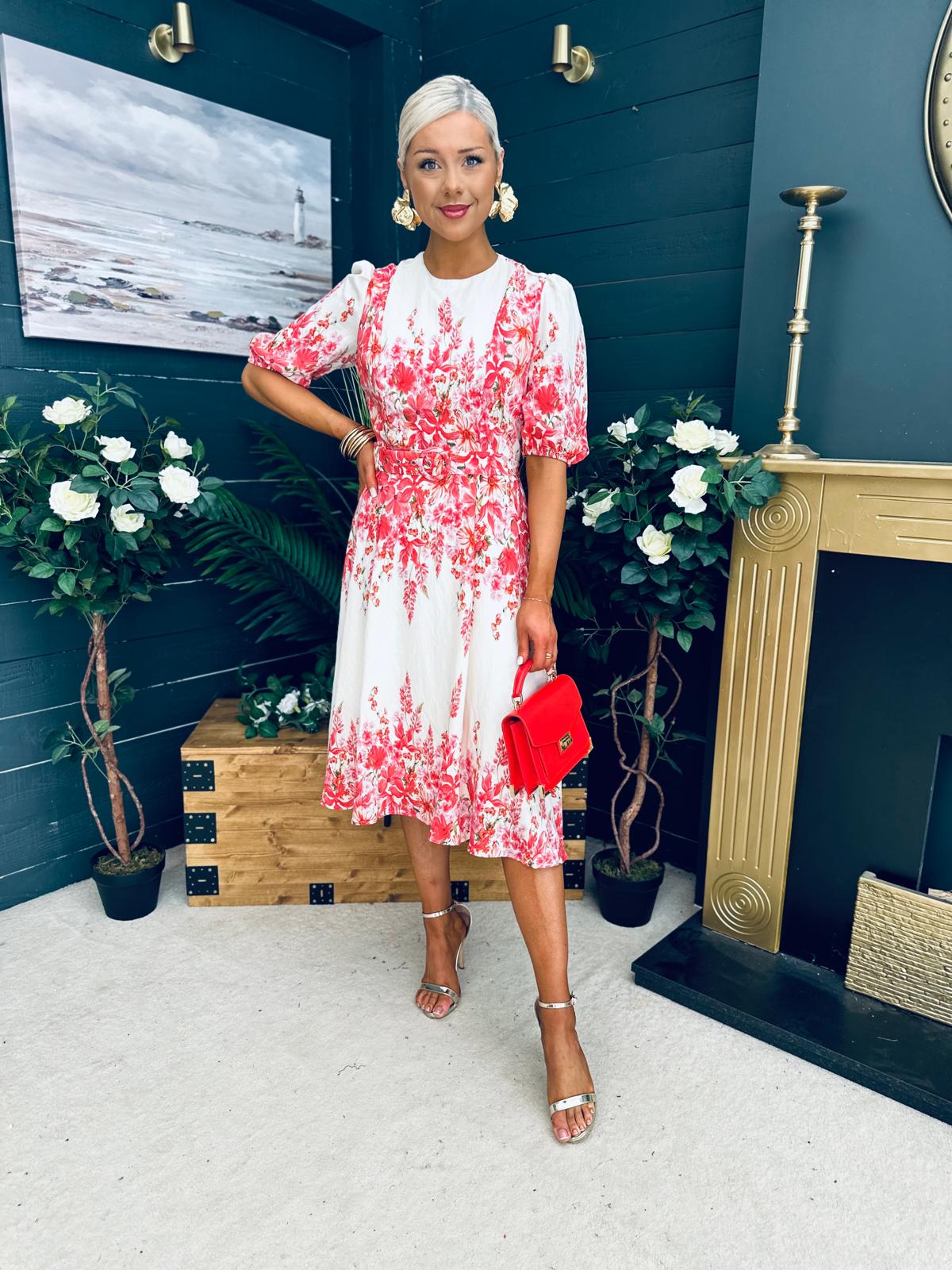 Foster Round Neck Puff Sleeve Midi Dress Pink