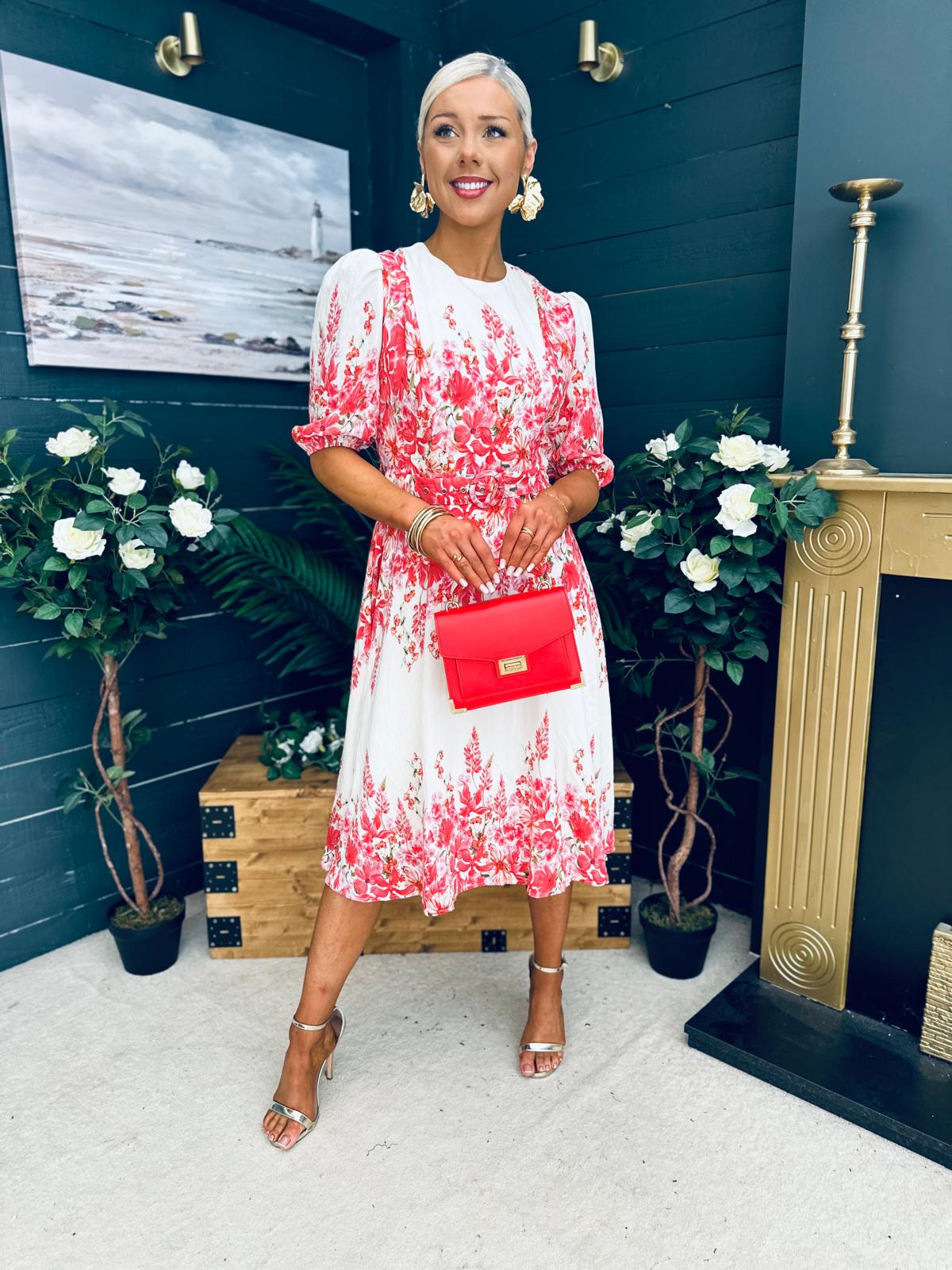 Foster Round Neck Puff Sleeve Midi Dress Pink