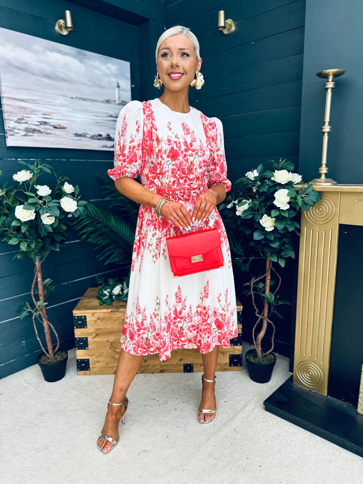 Foster Round Neck Puff Sleeve Midi Dress Pink