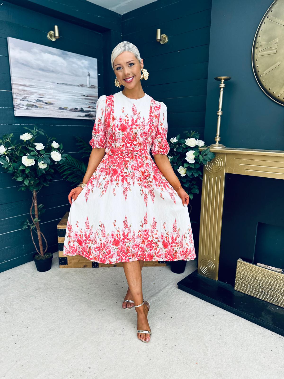 Foster Round Neck Puff Sleeve Midi Dress Pink