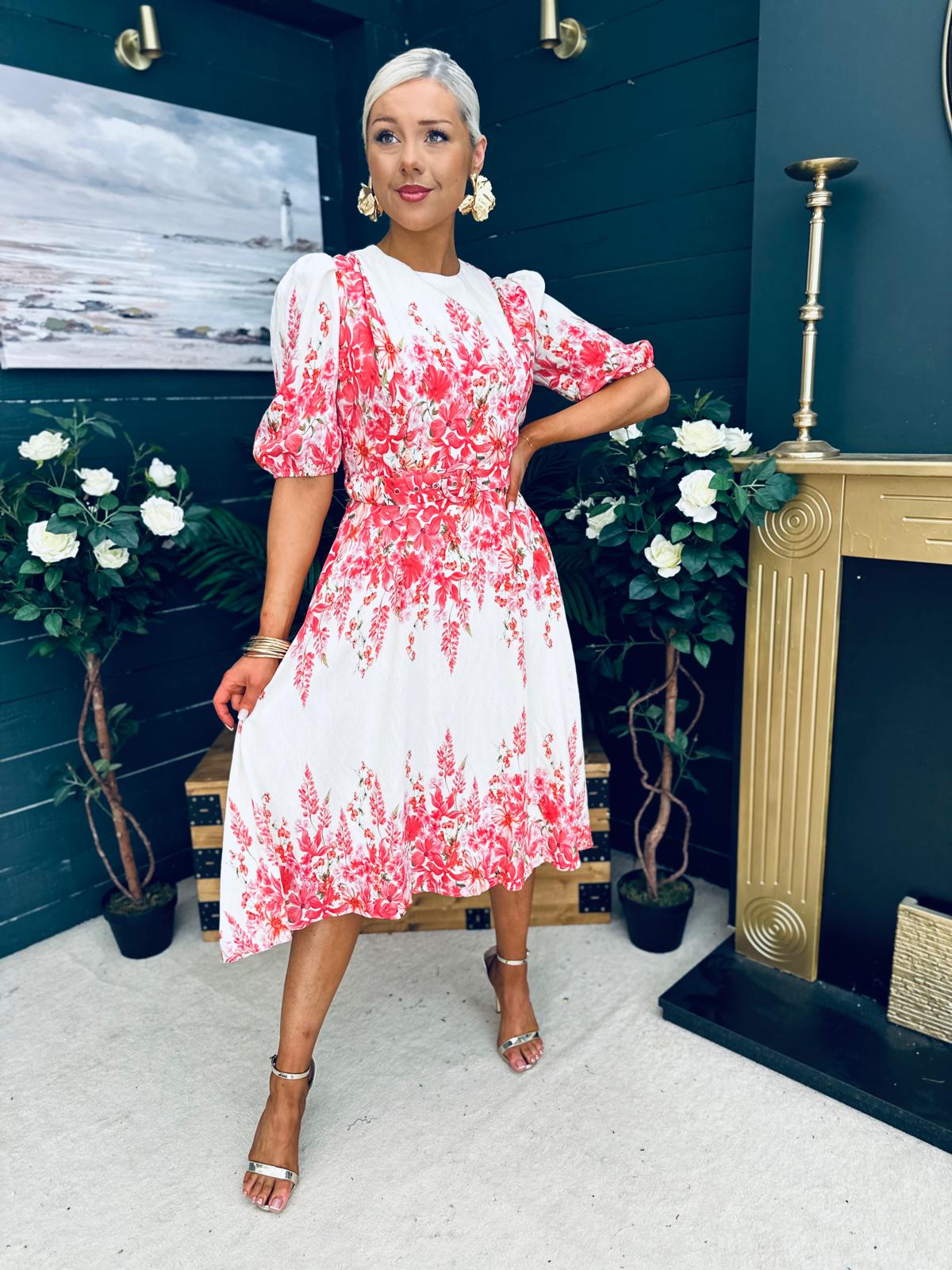 Foster Round Neck Puff Sleeve Midi Dress Pink