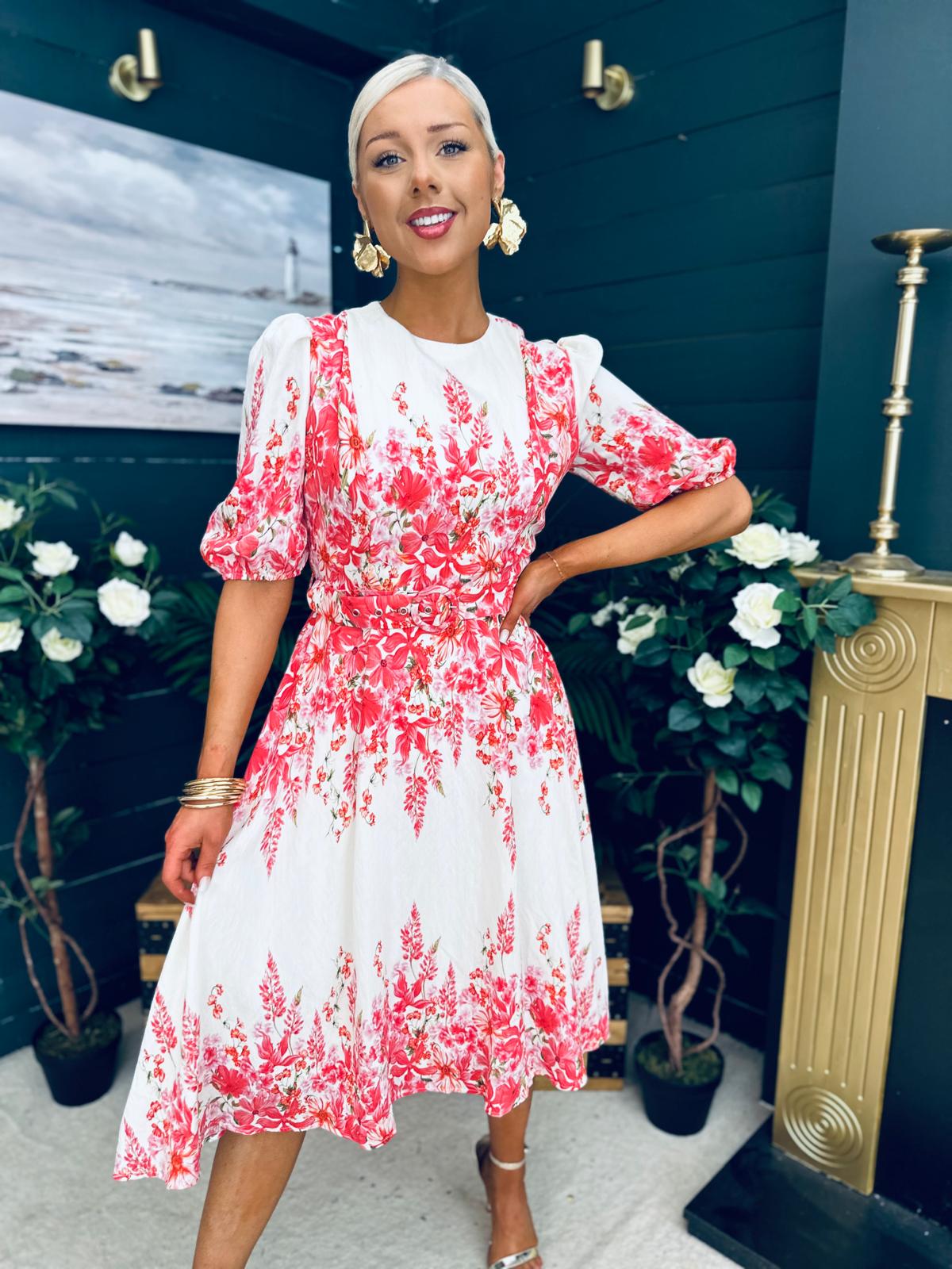 Foster Round Neck Puff Sleeve Midi Dress Pink