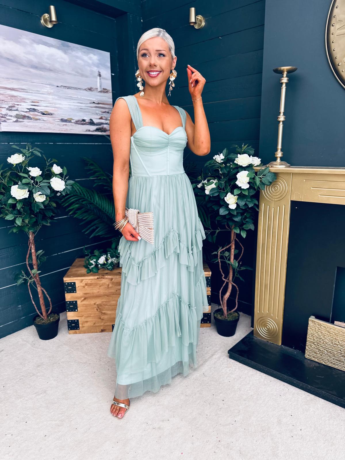Rochelle Tulle Occasion Maxi Dress Sage