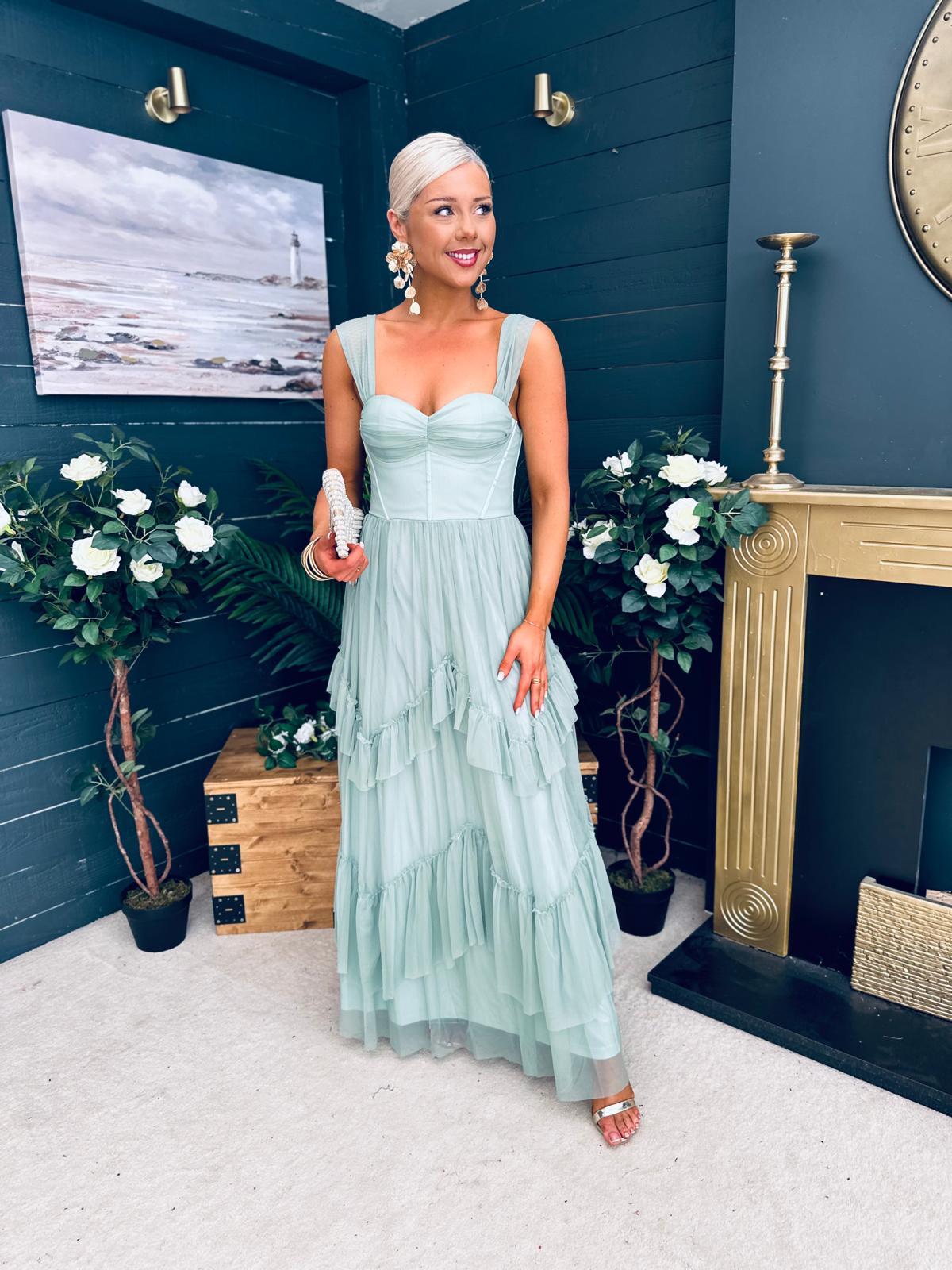 Rochelle Tulle Occasion Maxi Dress Sage