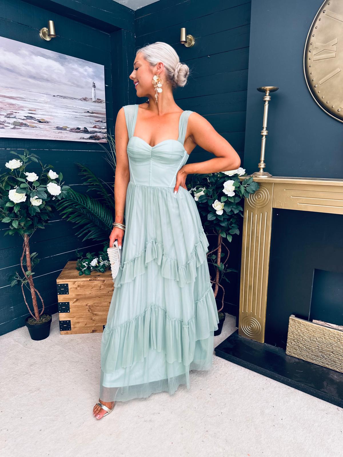 Rochelle Tulle Occasion Maxi Dress Sage