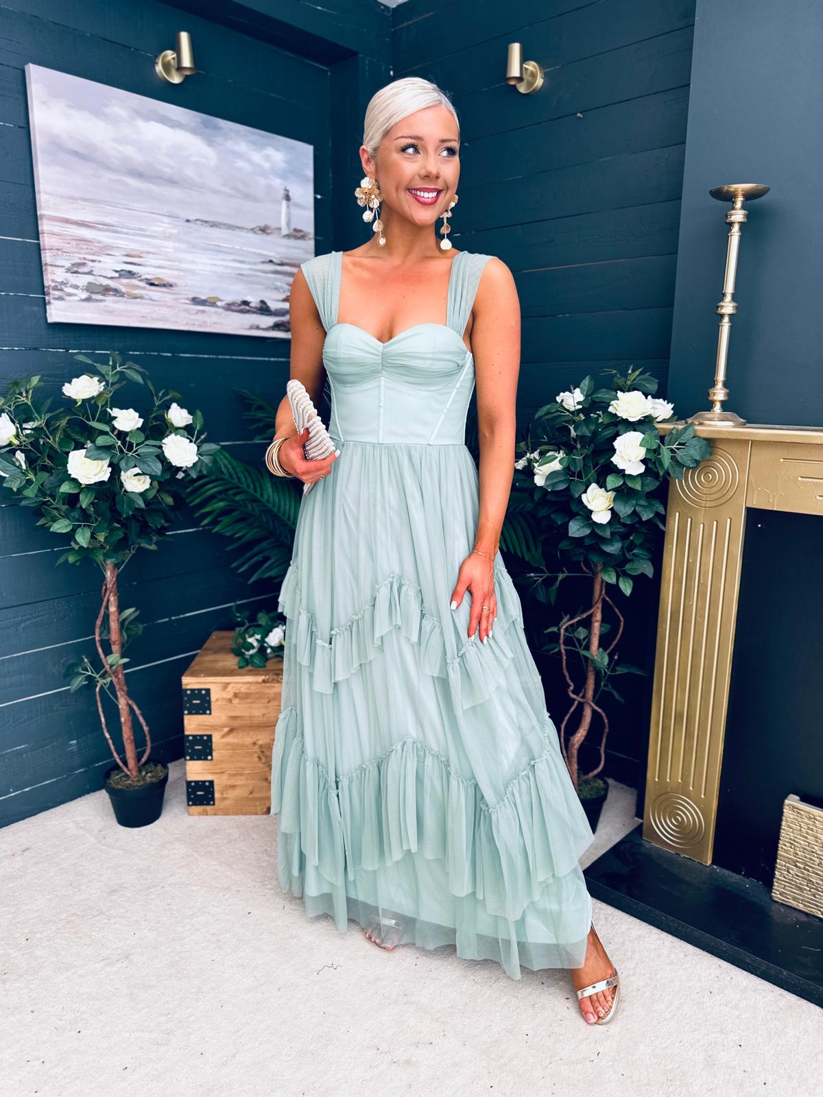 Rochelle Tulle Occasion Maxi Dress Sage