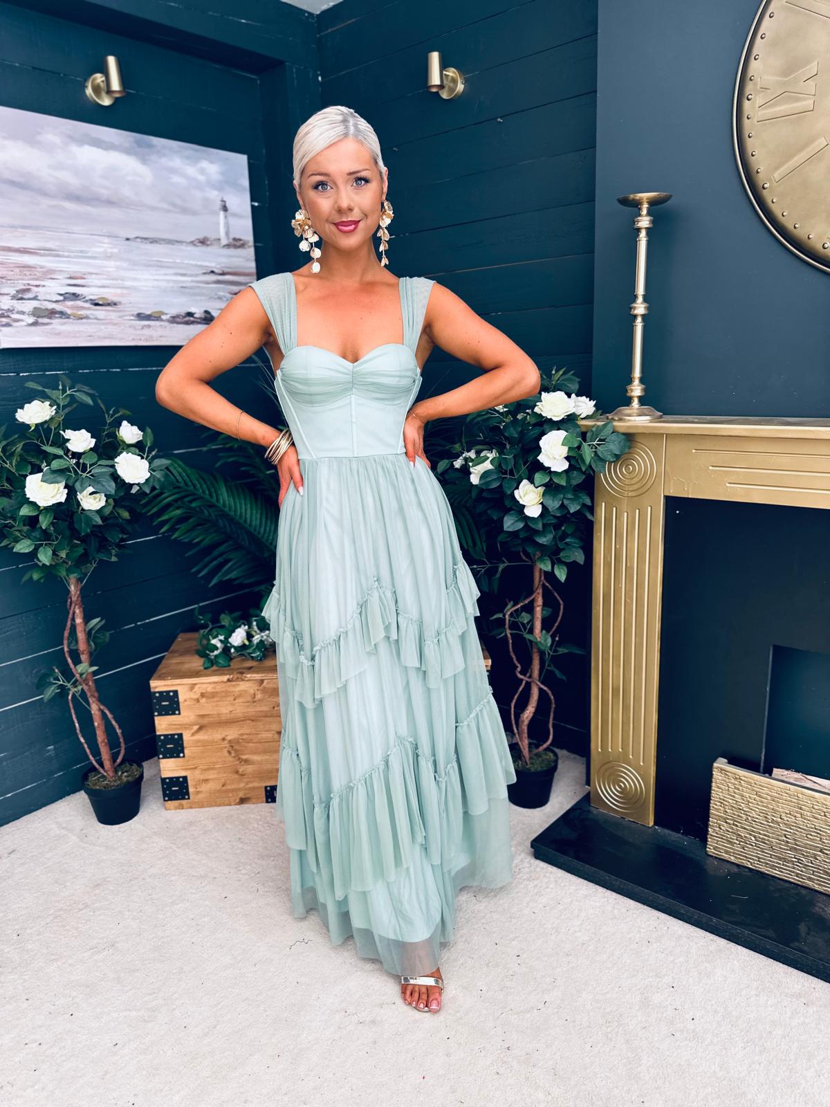 Rochelle Tulle Occasion Maxi Dress Sage