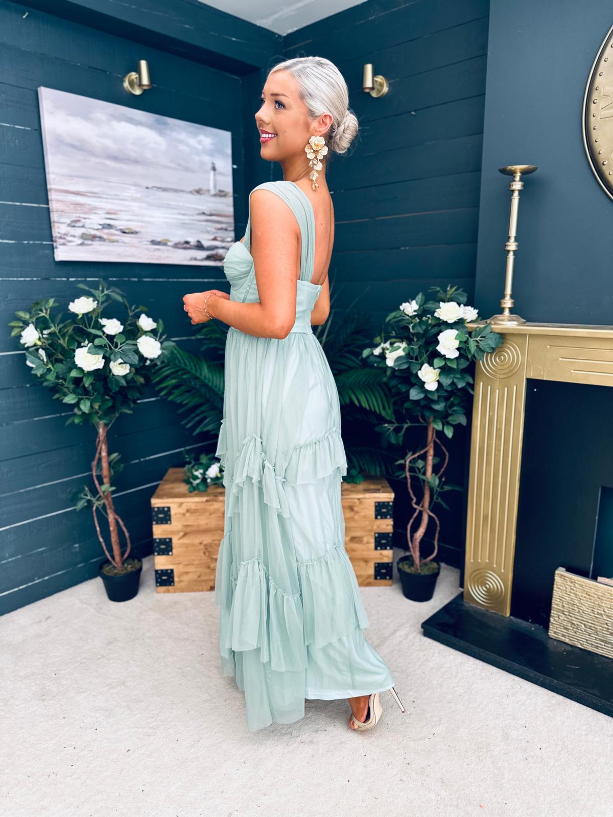 Rochelle Tulle Occasion Maxi Dress Sage