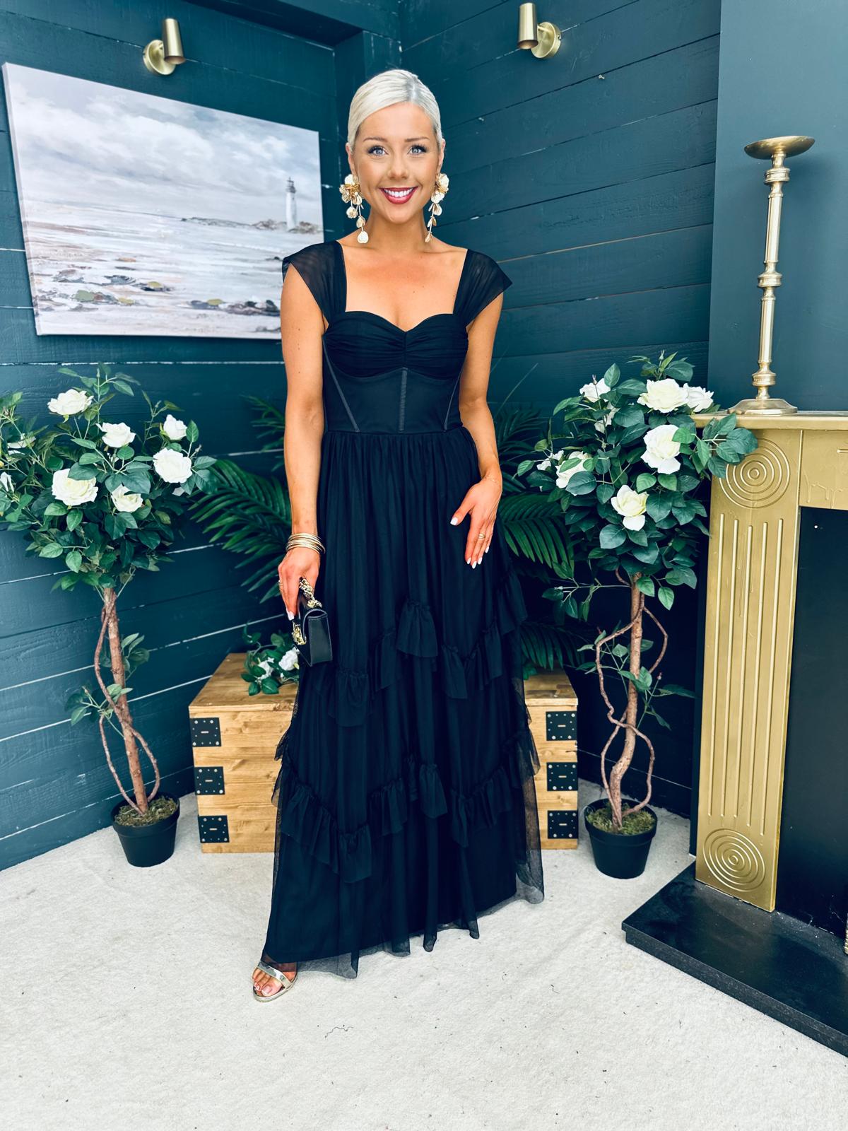Rochelle Tulle Occasion Maxi Dress Black