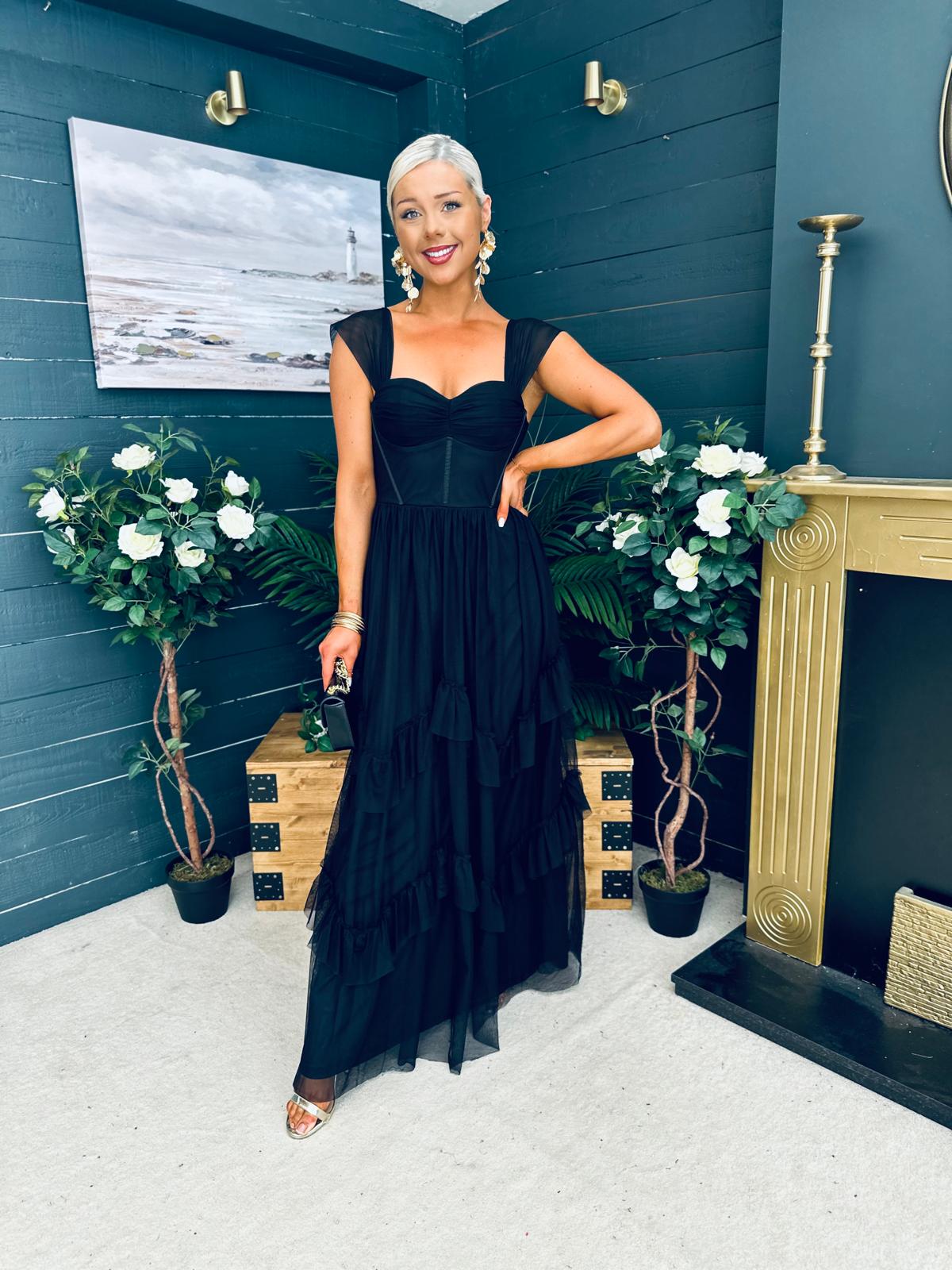 Rochelle Tulle Occasion Maxi Dress Black