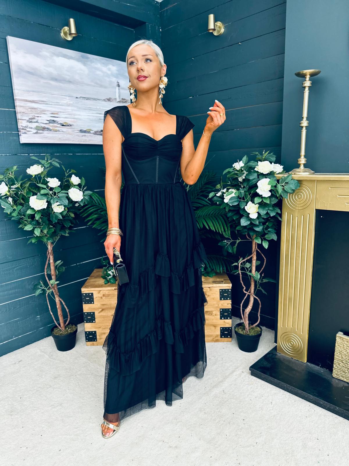 Rochelle Tulle Occasion Maxi Dress Black