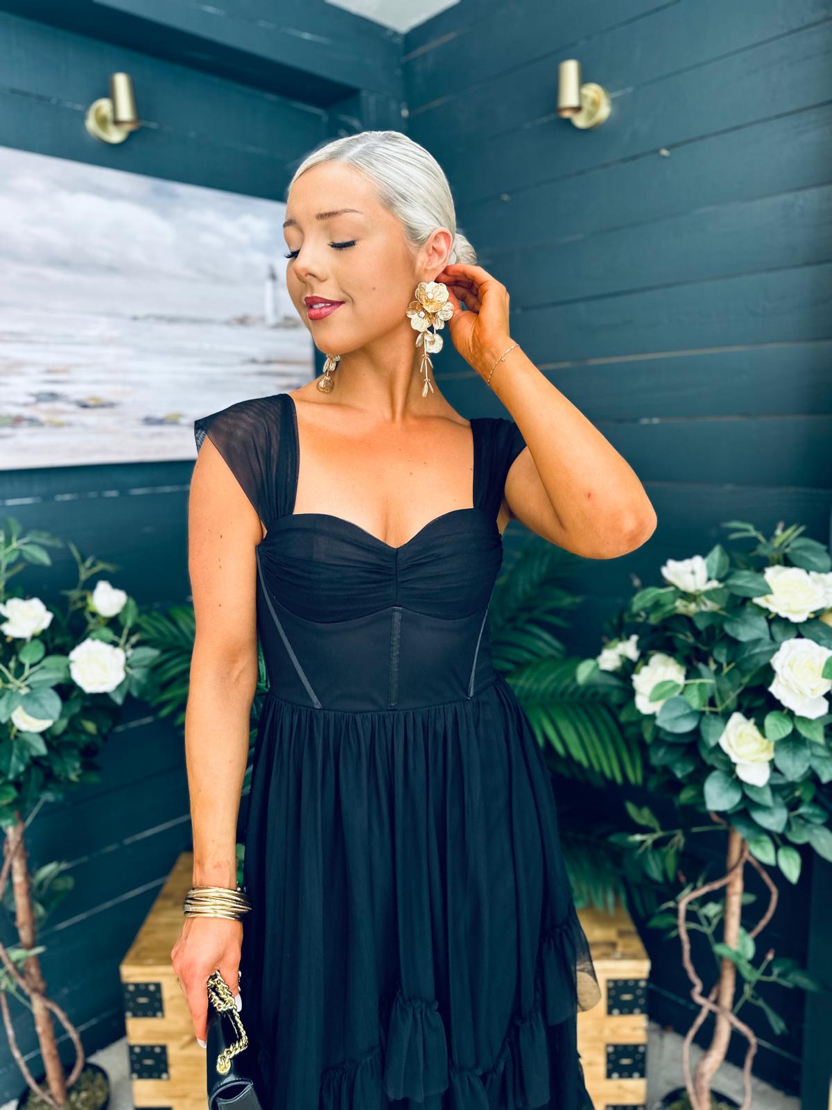 Rochelle Tulle Occasion Maxi Dress Black