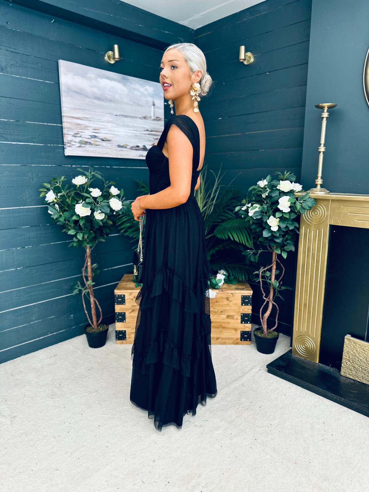Rochelle Tulle Occasion Maxi Dress Black