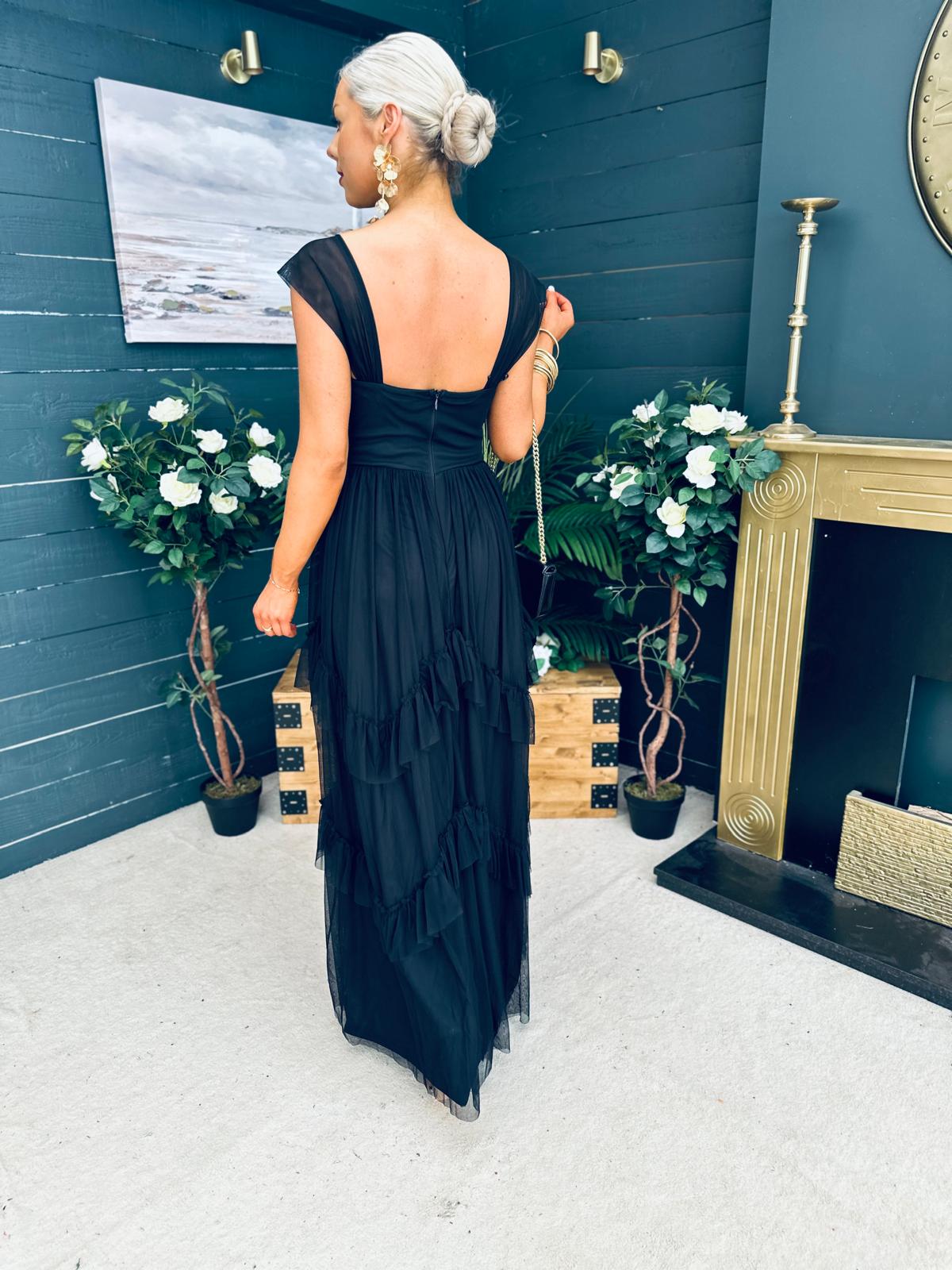 Rochelle Tulle Occasion Maxi Dress Black