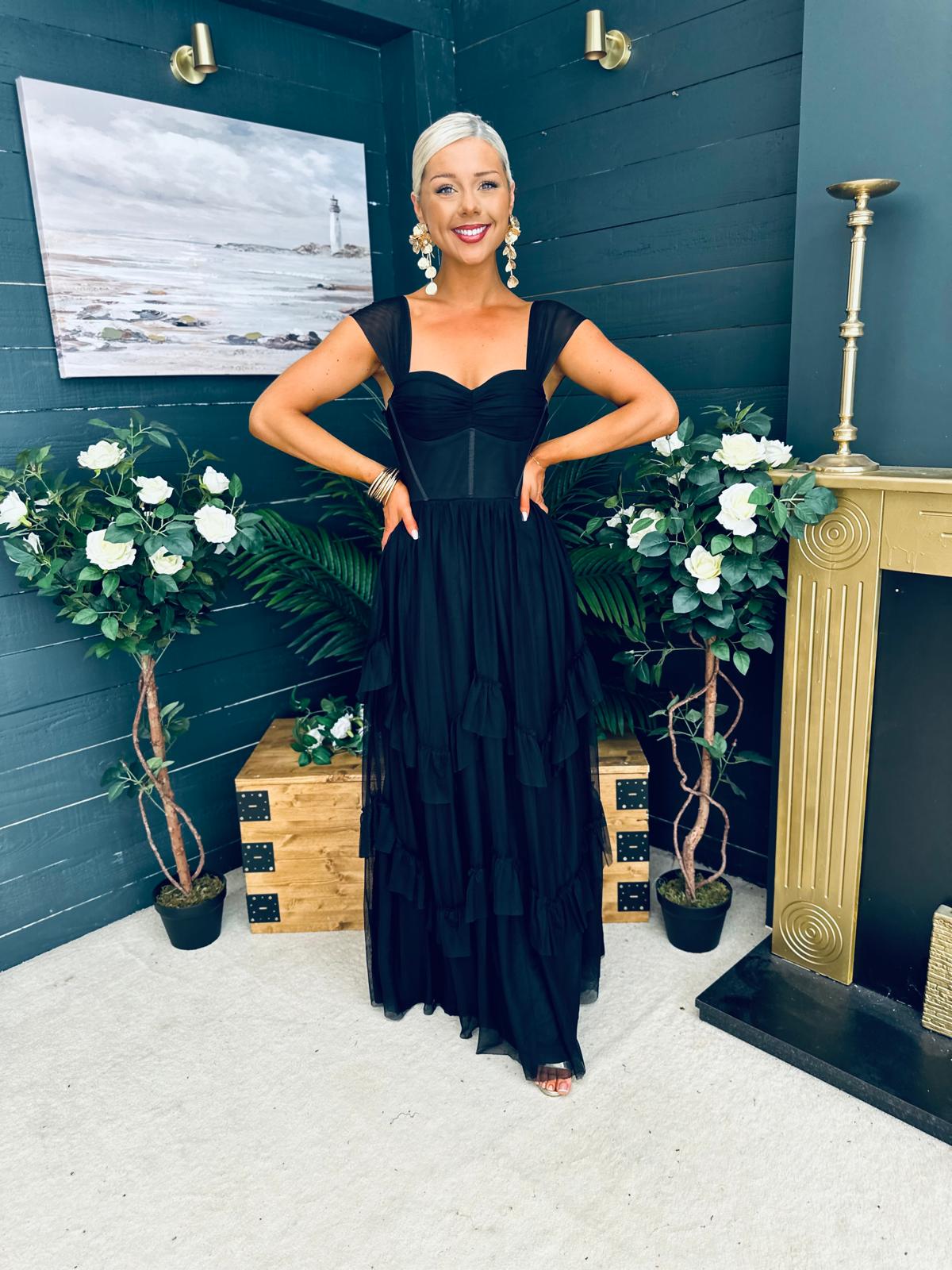 Rochelle Tulle Occasion Maxi Dress Black