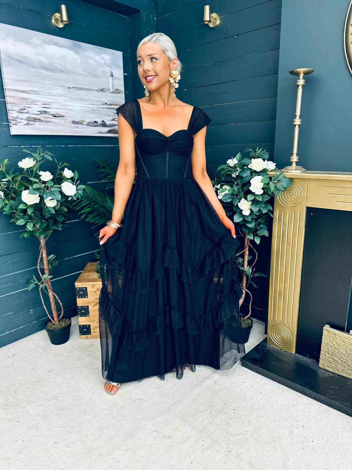 Rochelle Tulle Occasion Maxi Dress Black