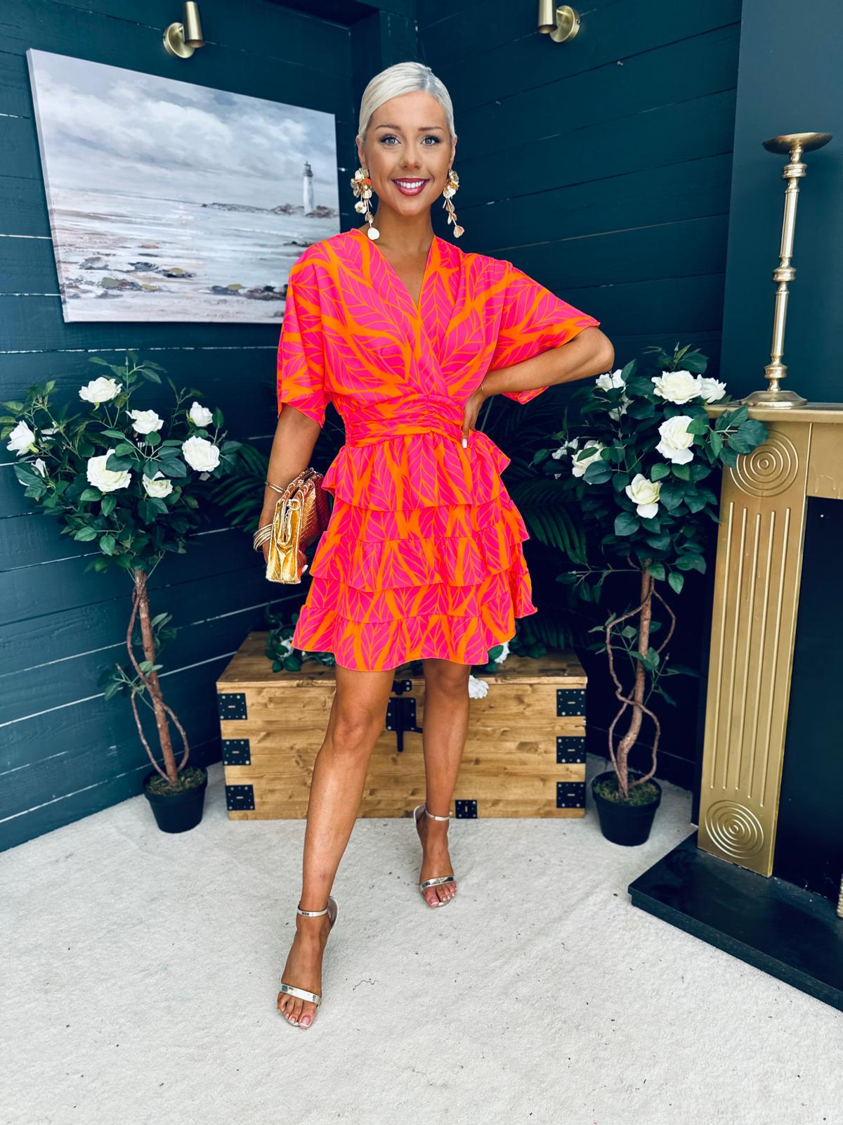 Esme Tiered Mini Dress Fuchsia / Orange